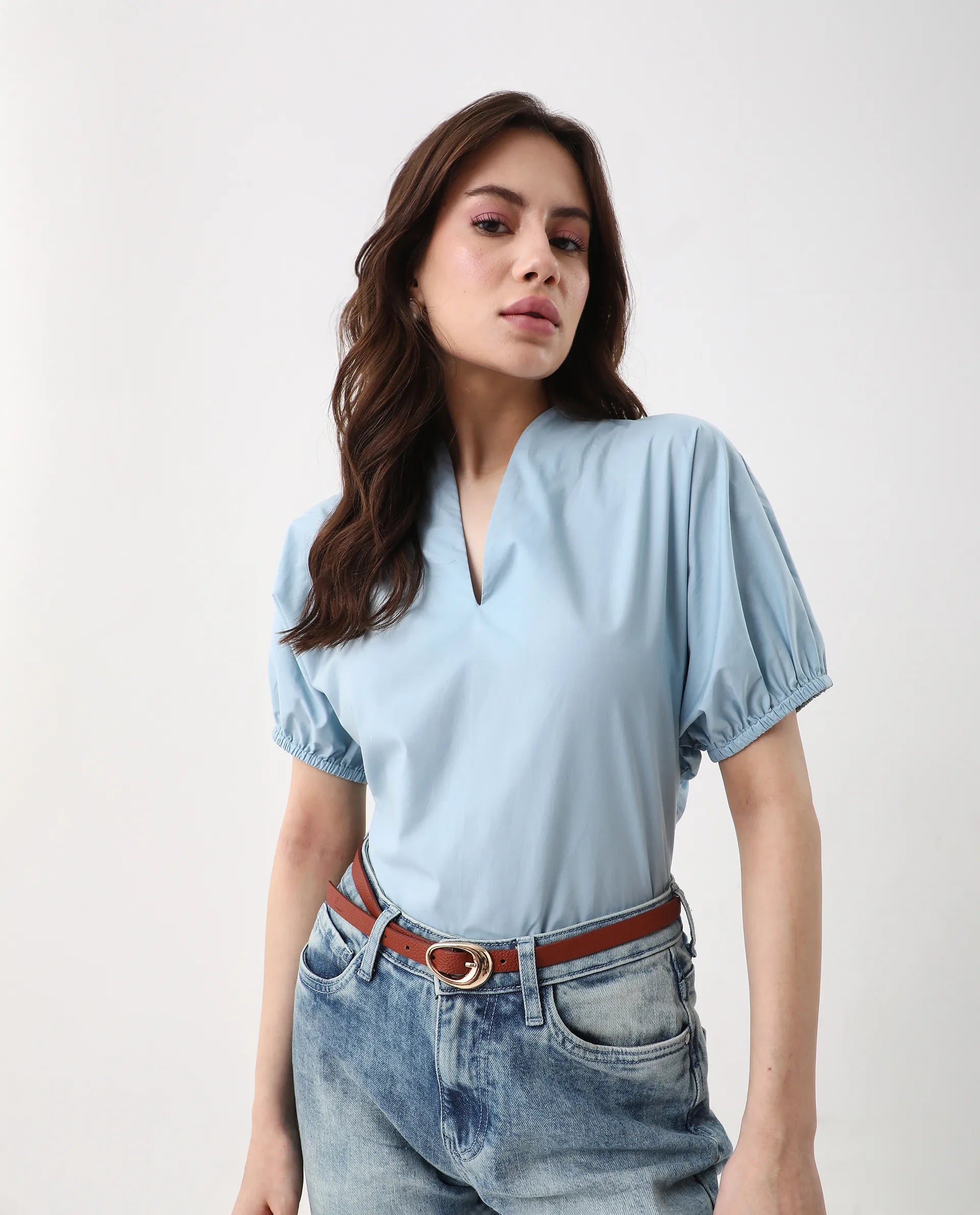 Rareism Women's Eldee Blue Cotton V-Neck Regular Fit Plain Top