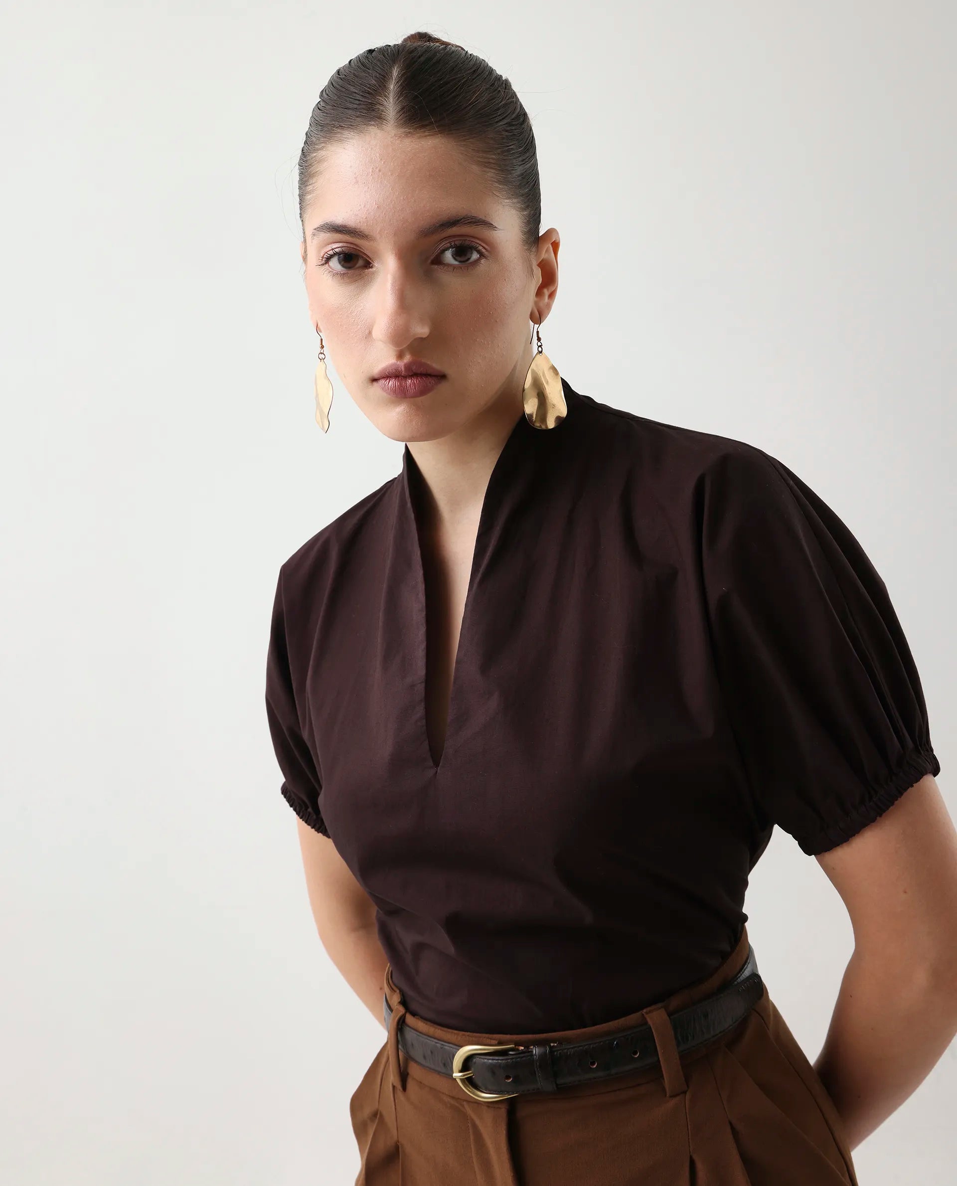 Rareism Women's Eldee Brown Cotton Extended Sleeves V-Neck Regular Fit Plain Top