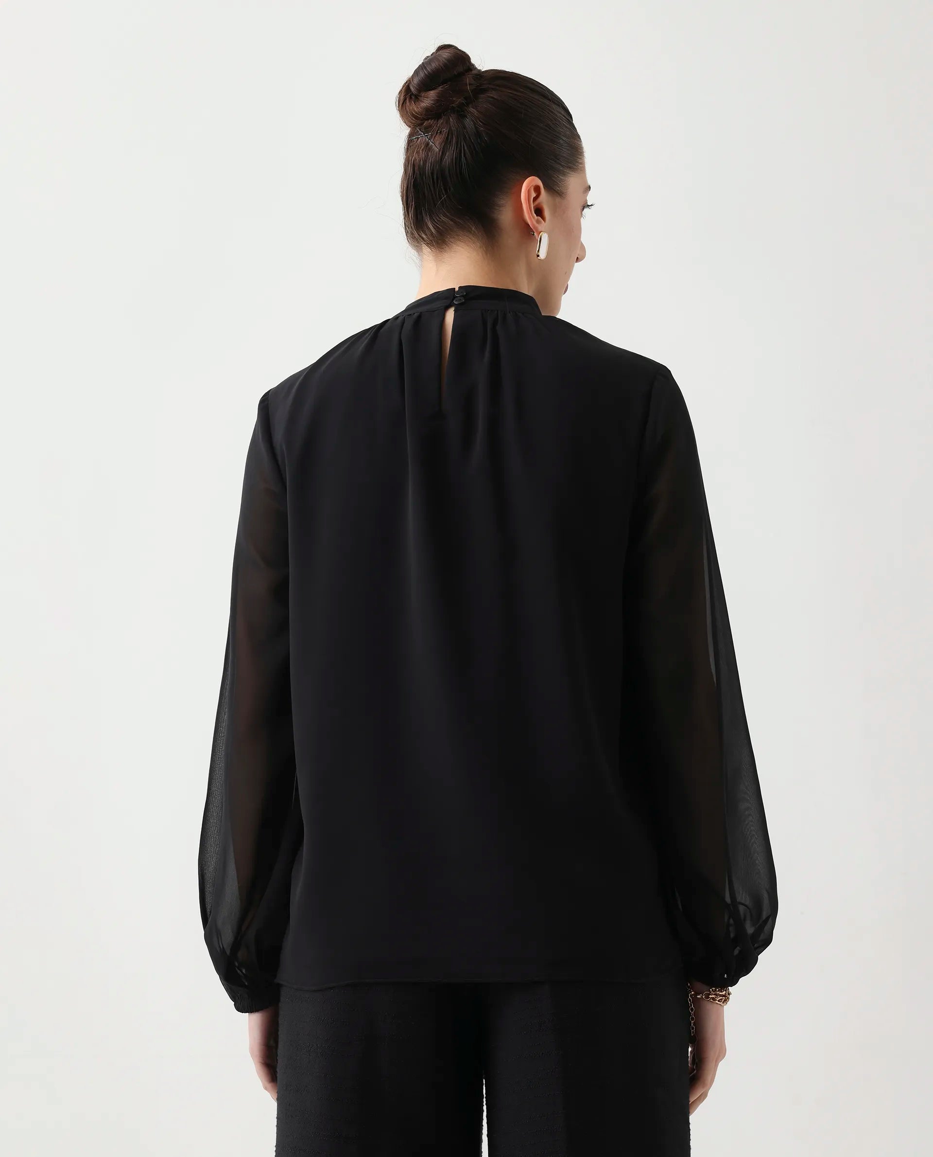 Rareism Women's Elden Black Polyester Bishop Sleeve Tie-Up Neck Regular Fit Plain Top