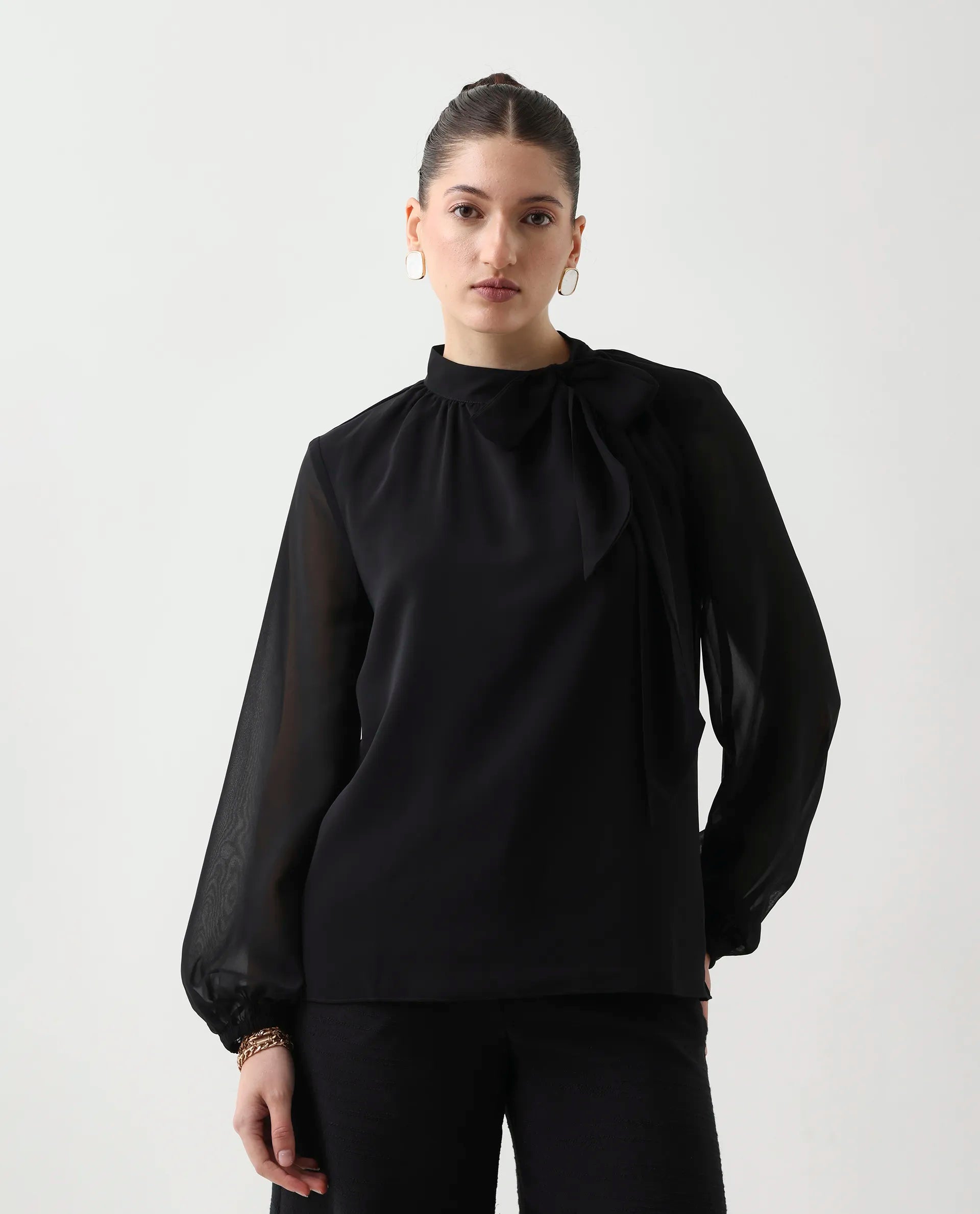 Rareism Women's Elden Black Polyester Bishop Sleeve Tie-Up Neck Regular Fit Plain Top