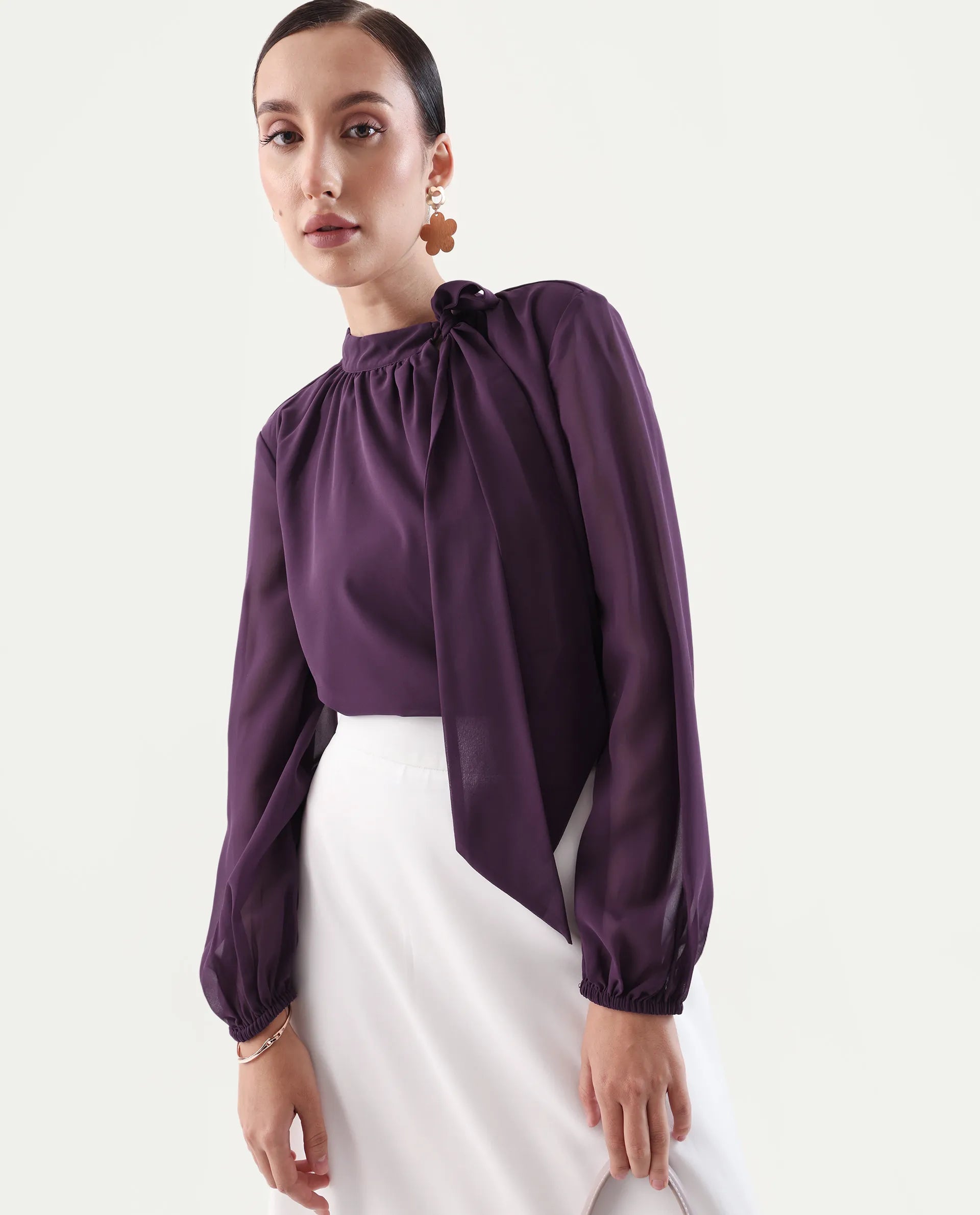 Rareism Women's Elden Maroon Polyester Tie-Up Neck Regular Fit Plain Top