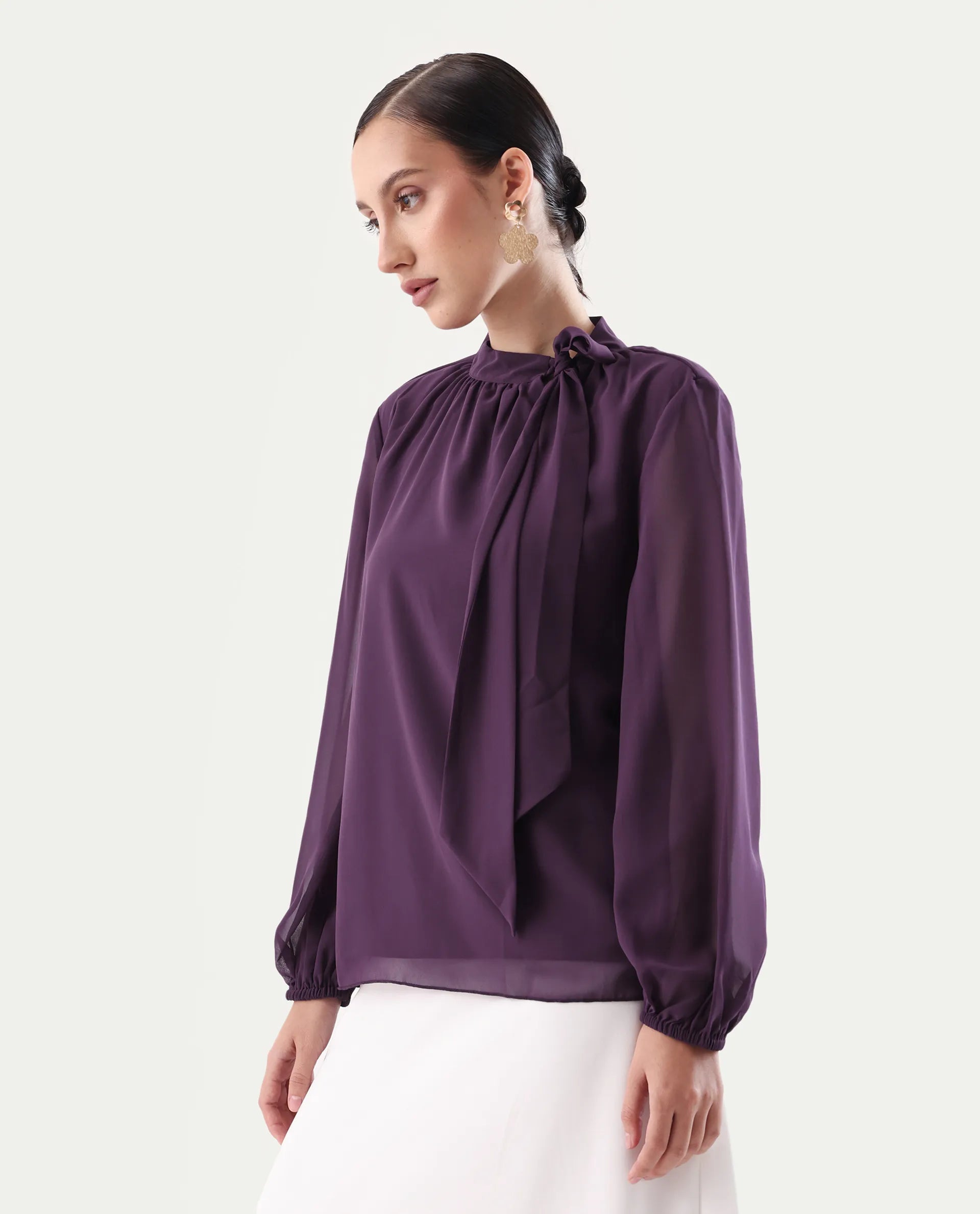 Rareism Women's Elden Maroon Polyester Tie-Up Neck Regular Fit Plain Top