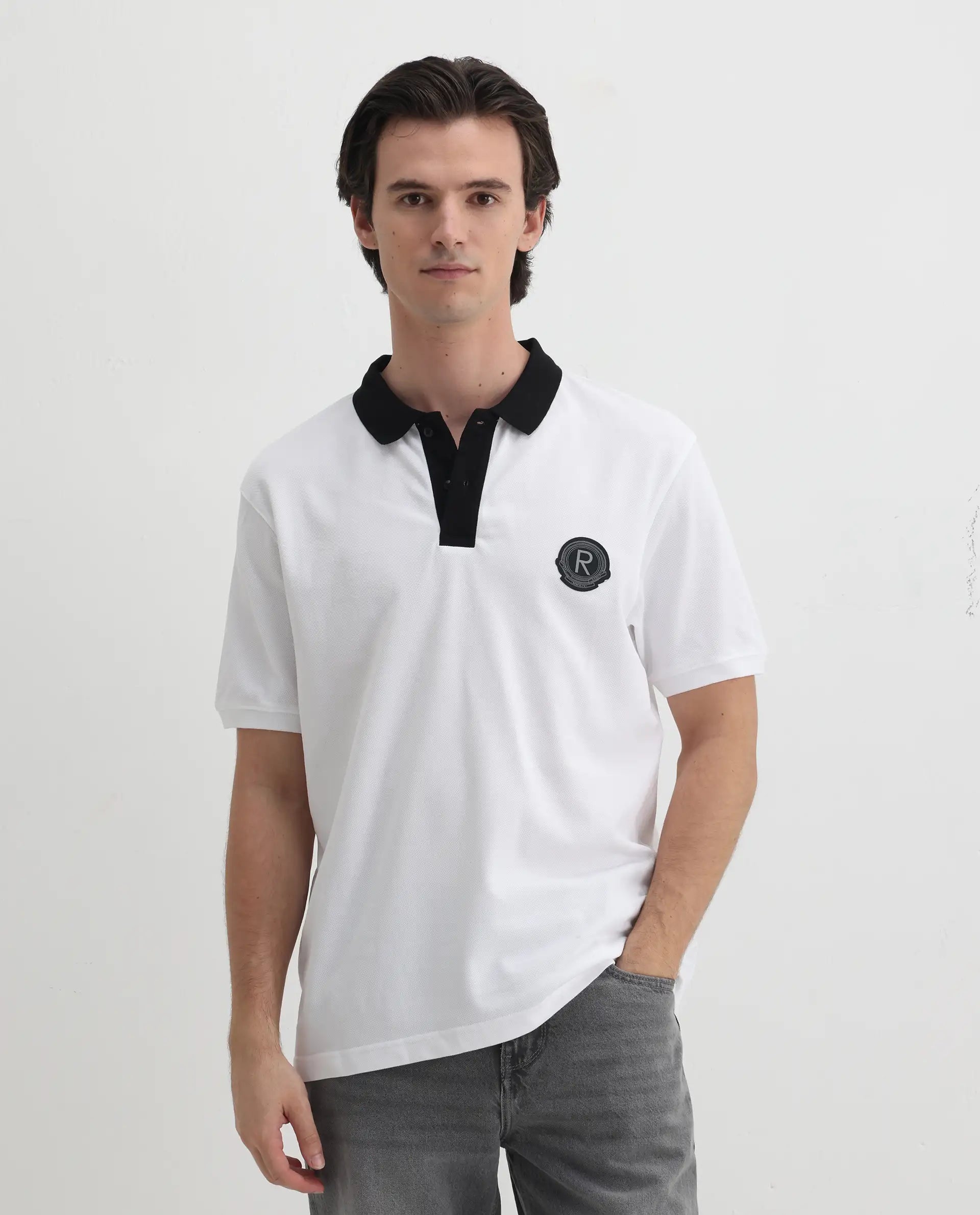 Rare Rabbit Men's Eldon White Cotton Plain Regular Fit Half Sleeve Polo