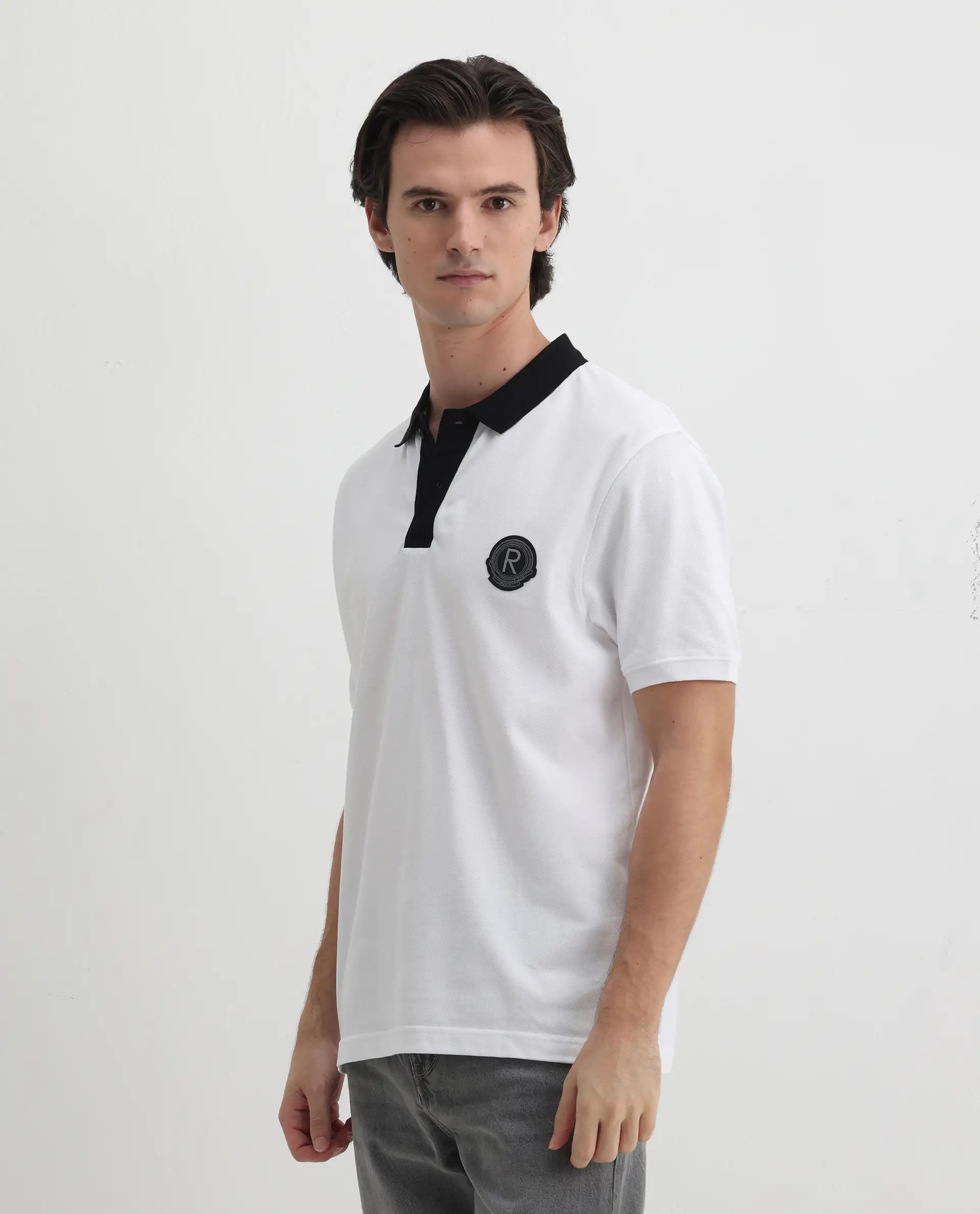 Rare Rabbit Men's Eldon White Cotton Plain Regular Fit Half Sleeve Polo