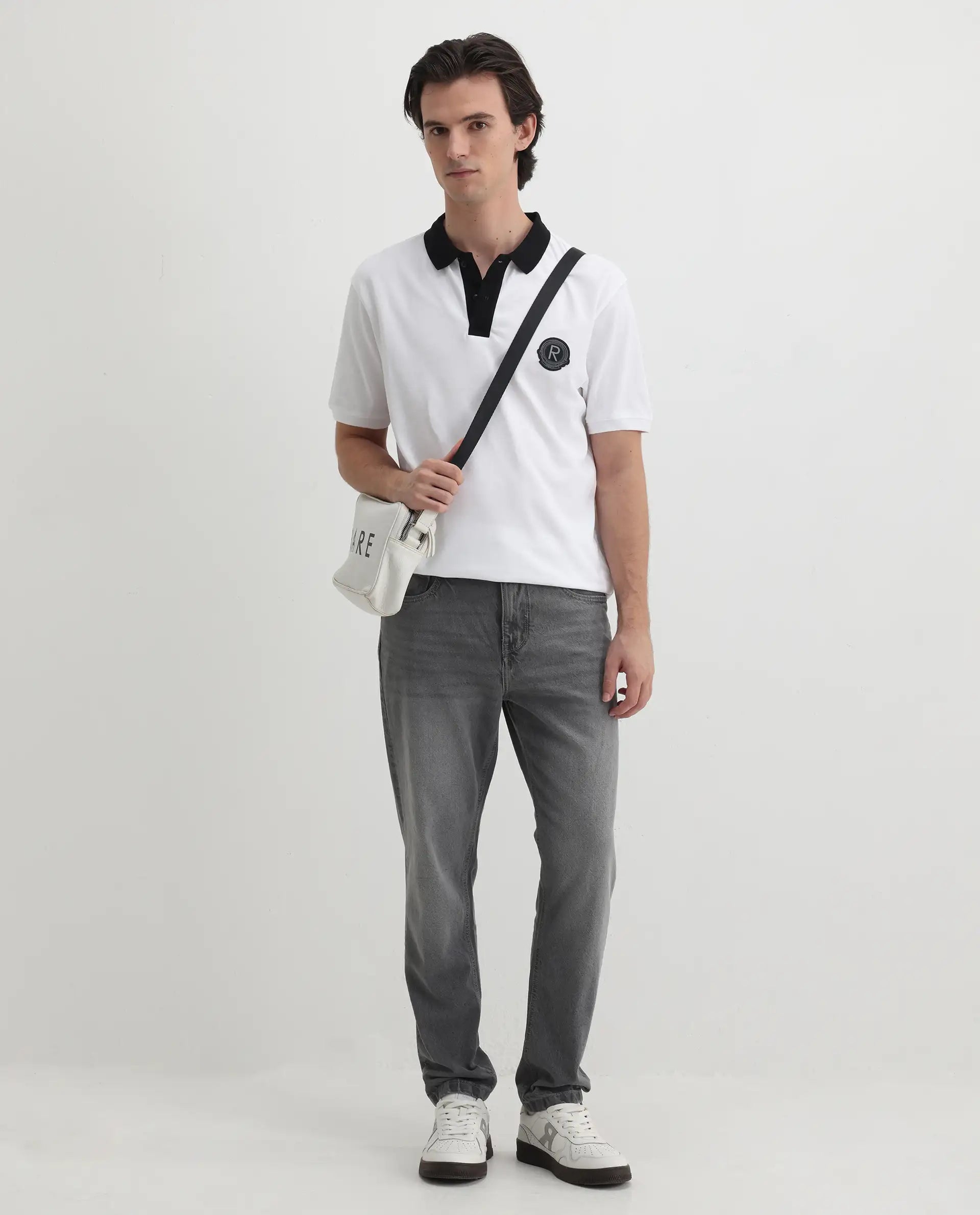 Rare Rabbit Men's Eldon White Cotton Plain Regular Fit Half Sleeve Polo