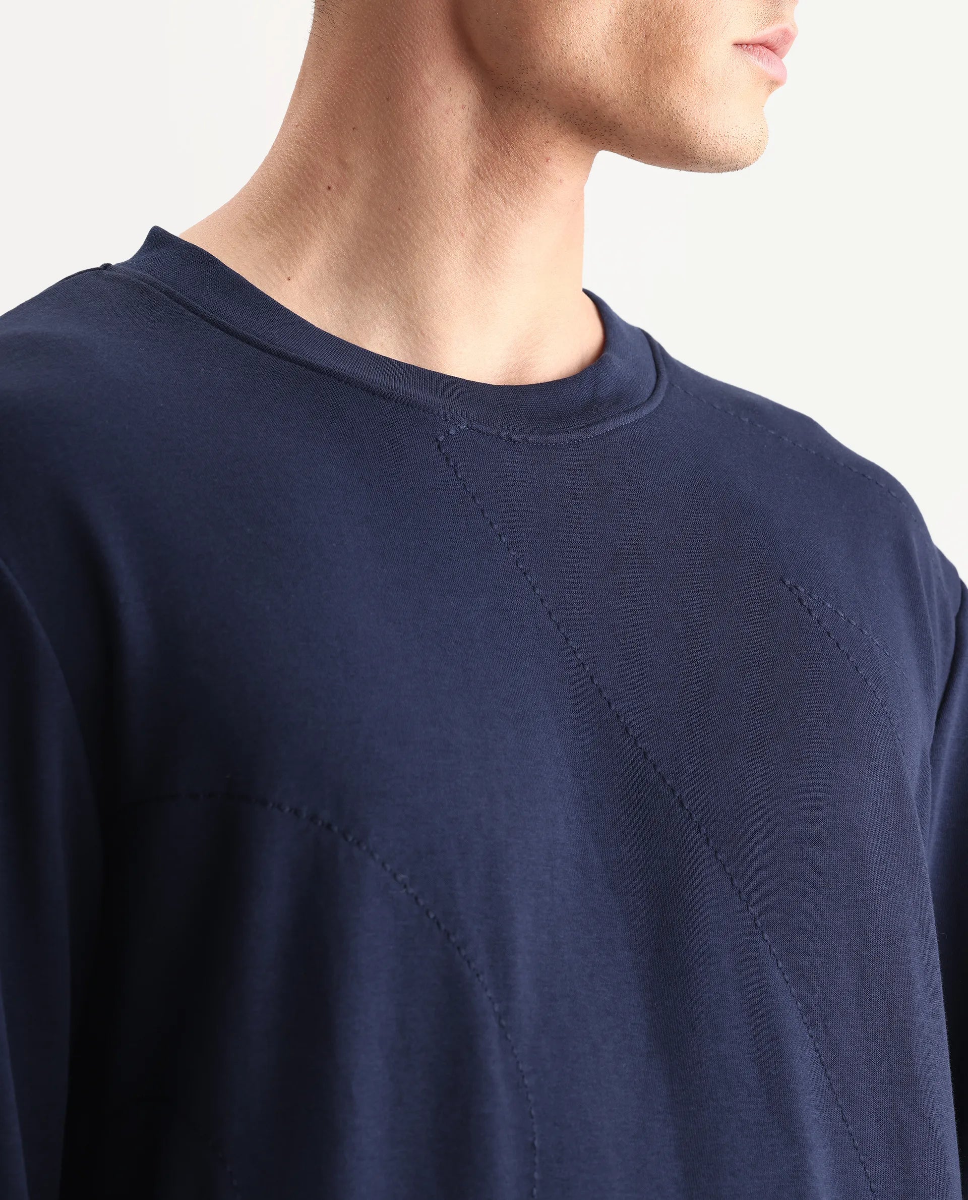 Rare Rabbit Men's Eldron Navy Cotton Embroidered Regular Fit Full Sleeve Crew Neck Sweatshirt