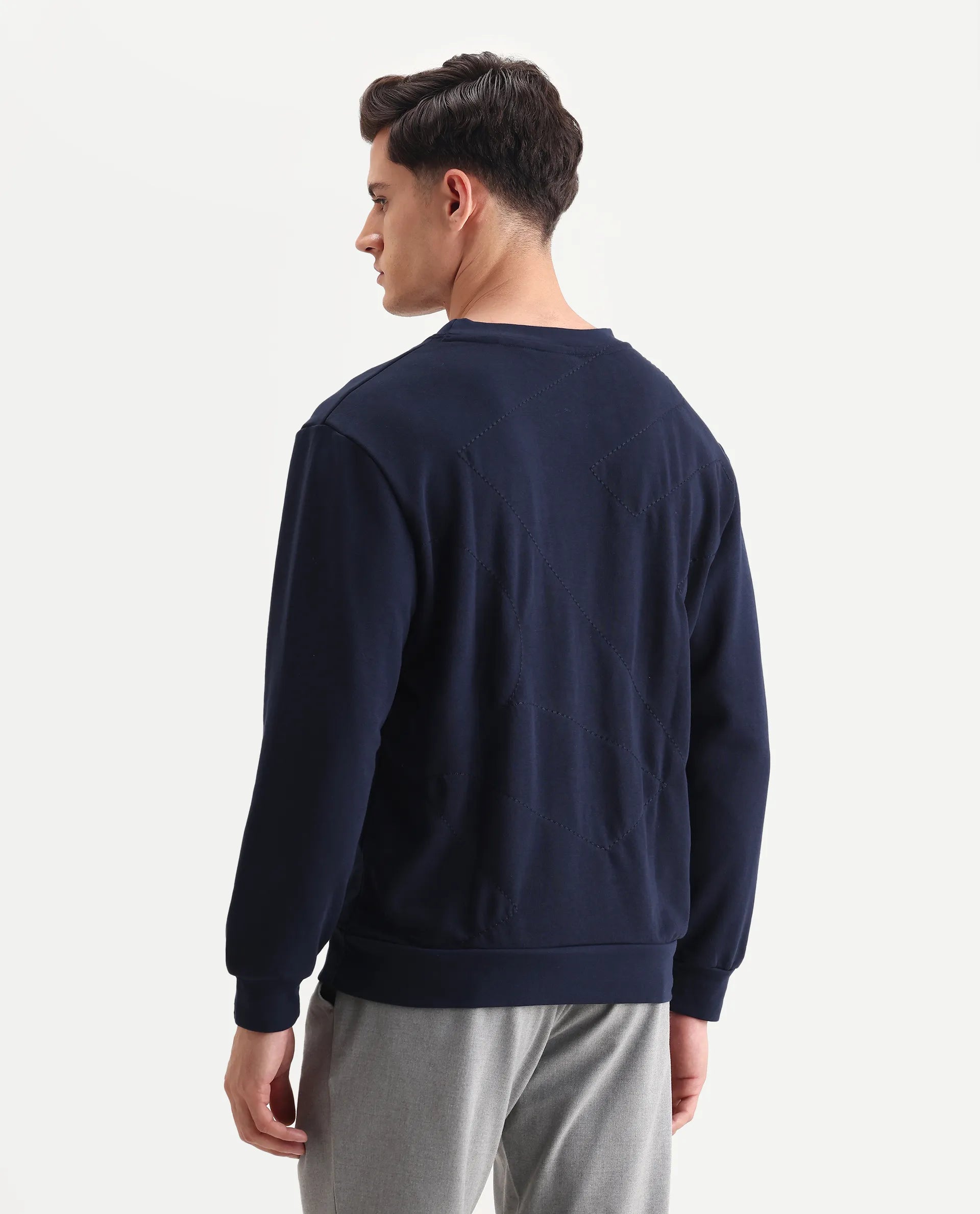 Rare Rabbit Men's Eldron Navy Cotton Embroidered Regular Fit Full Sleeve Crew Neck Sweatshirt