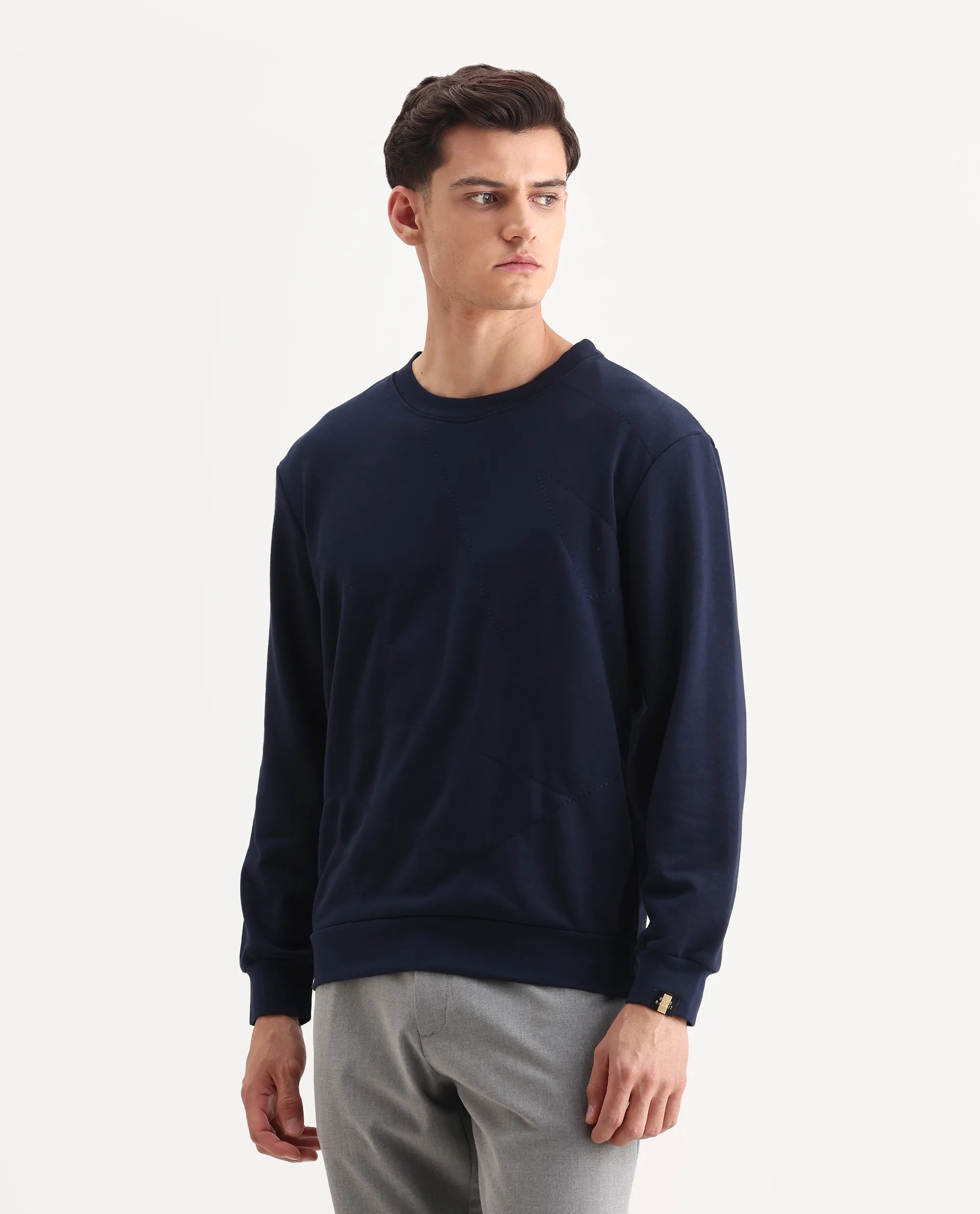 Rare Rabbit Men's Eldron Navy Cotton Embroidered Regular Fit Full Sleeve Crew Neck Sweatshirt