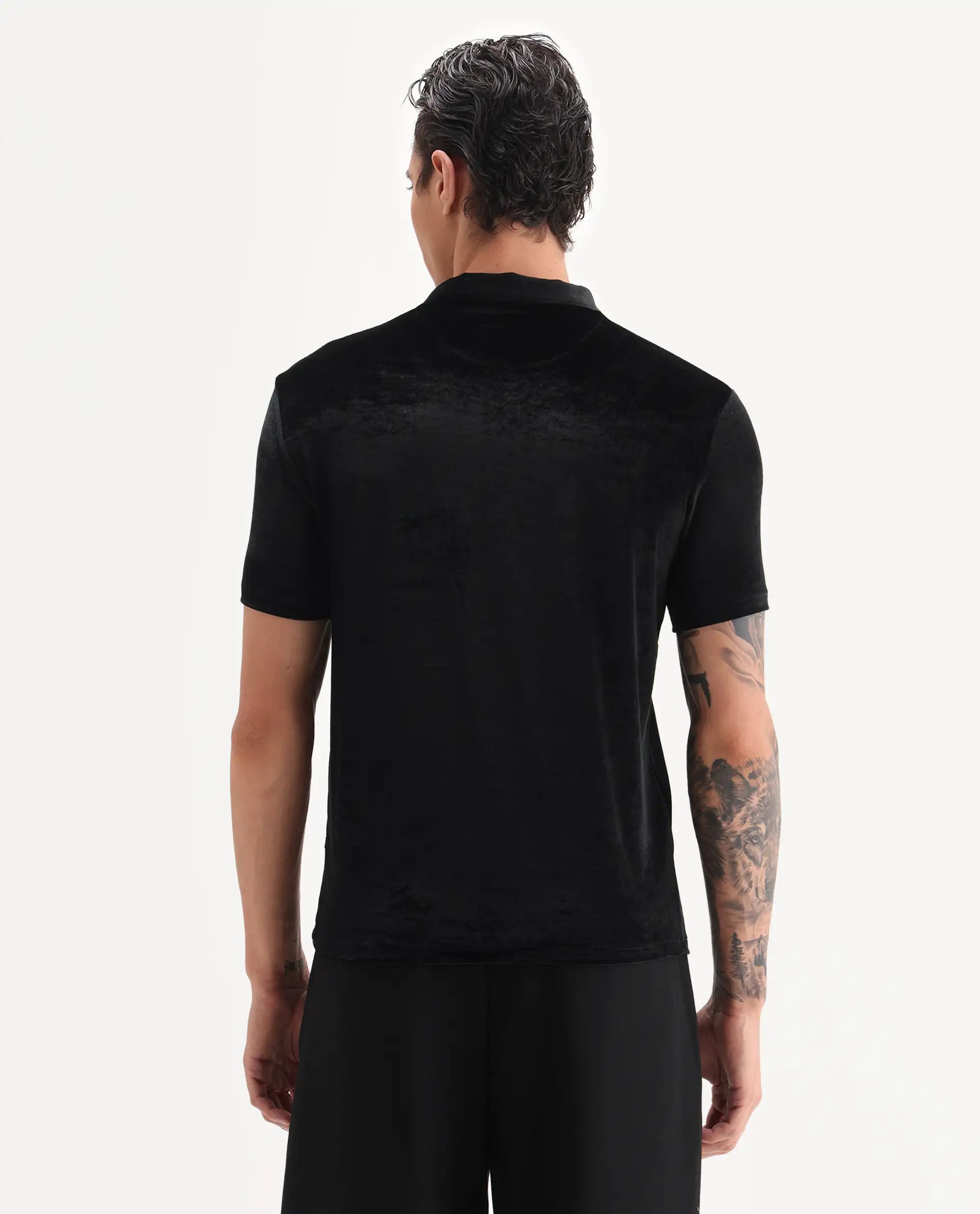 Rare Rabbit Men's Electro Black Velvet Plain Regular Fit Half Sleeve Polo