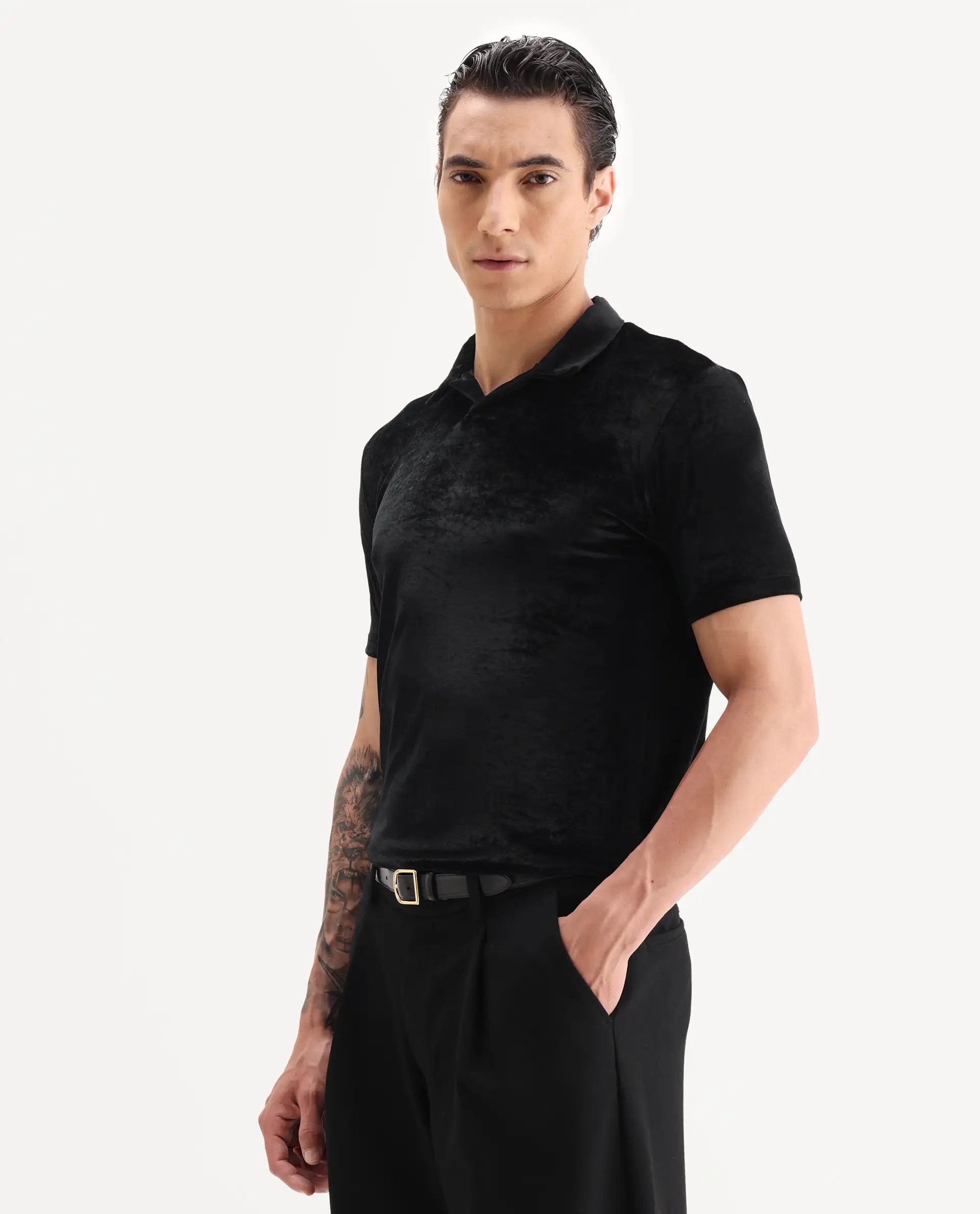 Rare Rabbit Men's Electro Black Velvet Plain Regular Fit Half Sleeve Polo