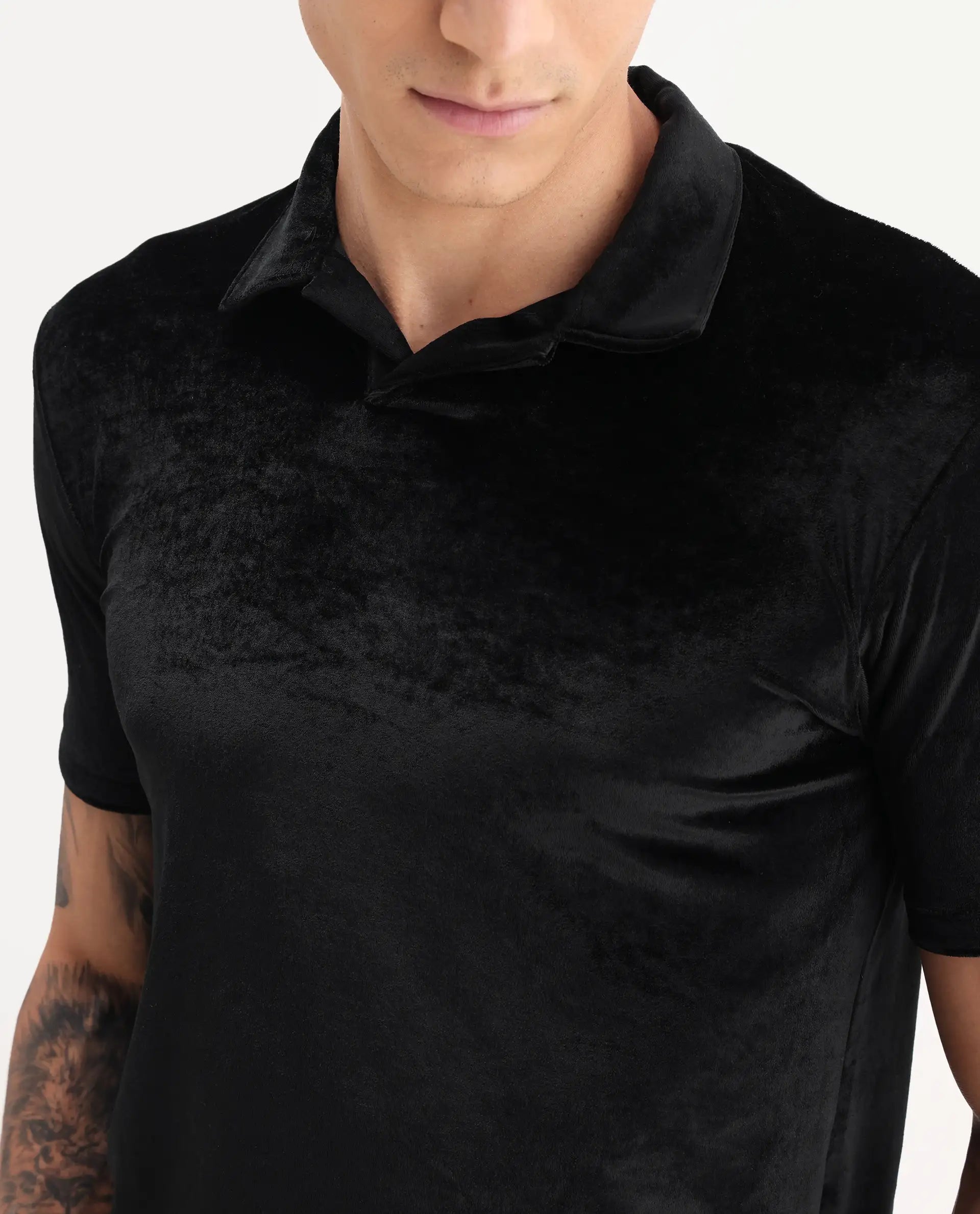 Rare Rabbit Men's Electro Black Velvet Plain Regular Fit Half Sleeve Polo