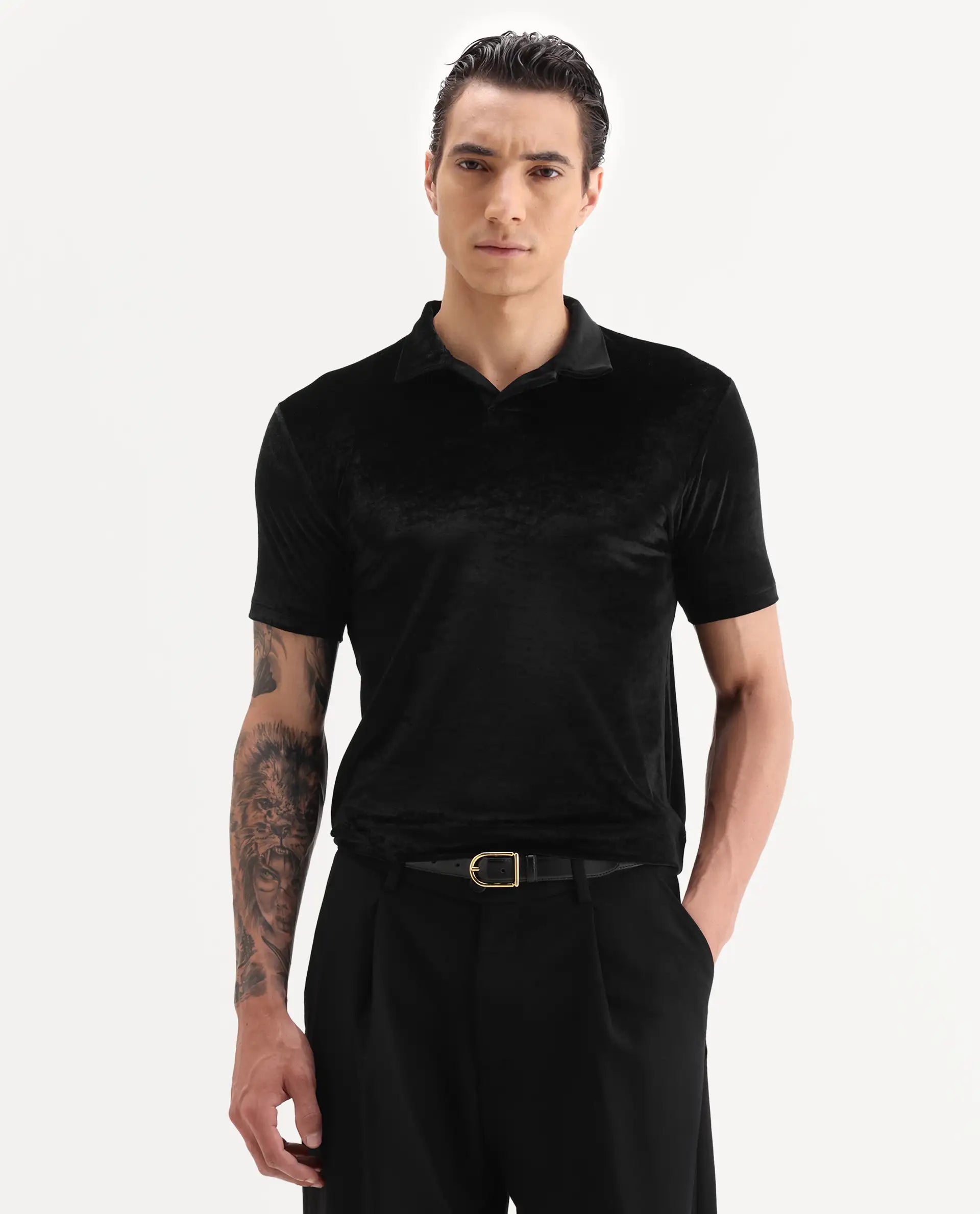 Rare Rabbit Men's Electro Black Velvet Plain Regular Fit Half Sleeve Polo