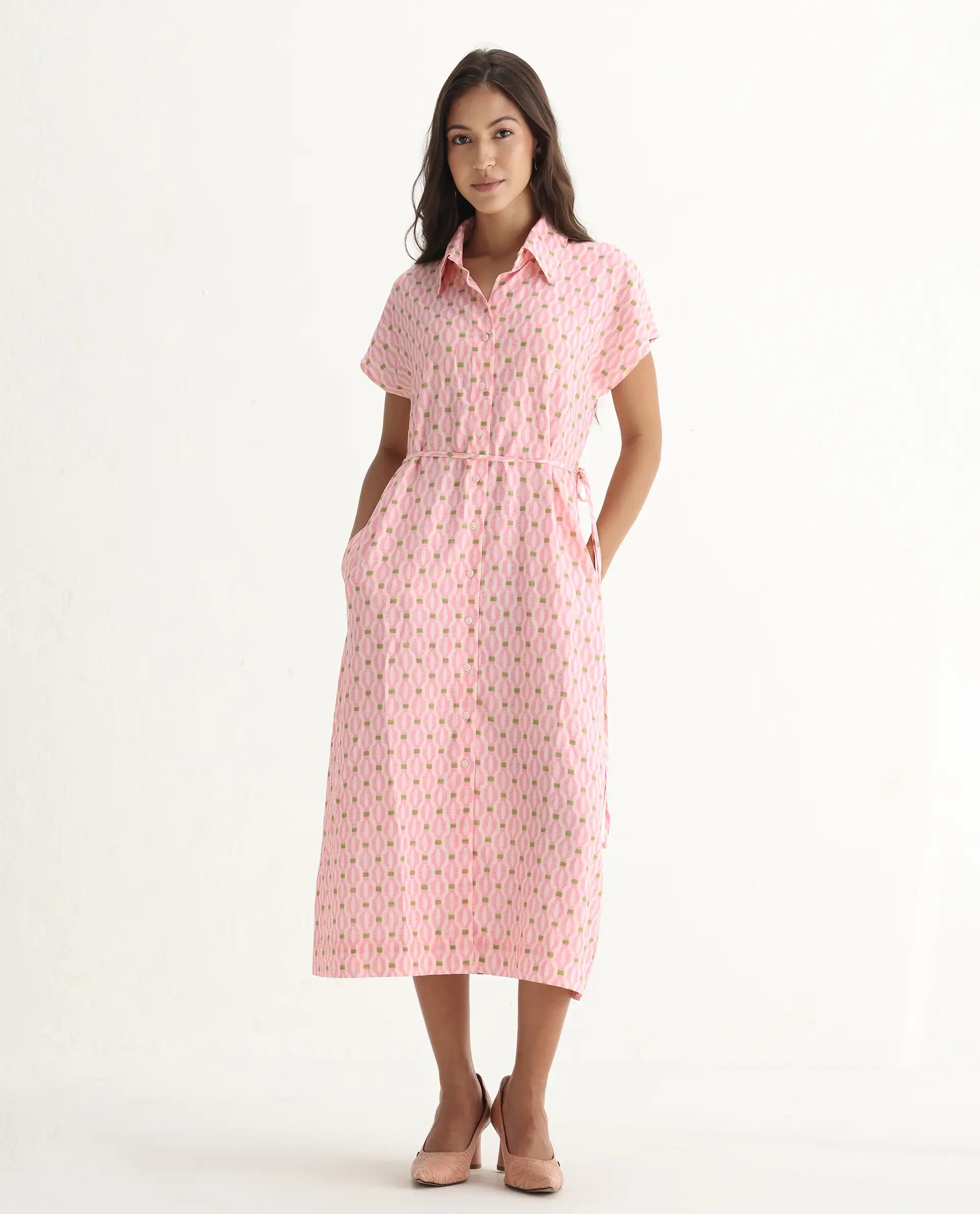 Rareism Women's Eleen Pink Cotton Collared Neck A-Line Printed Midi Dress