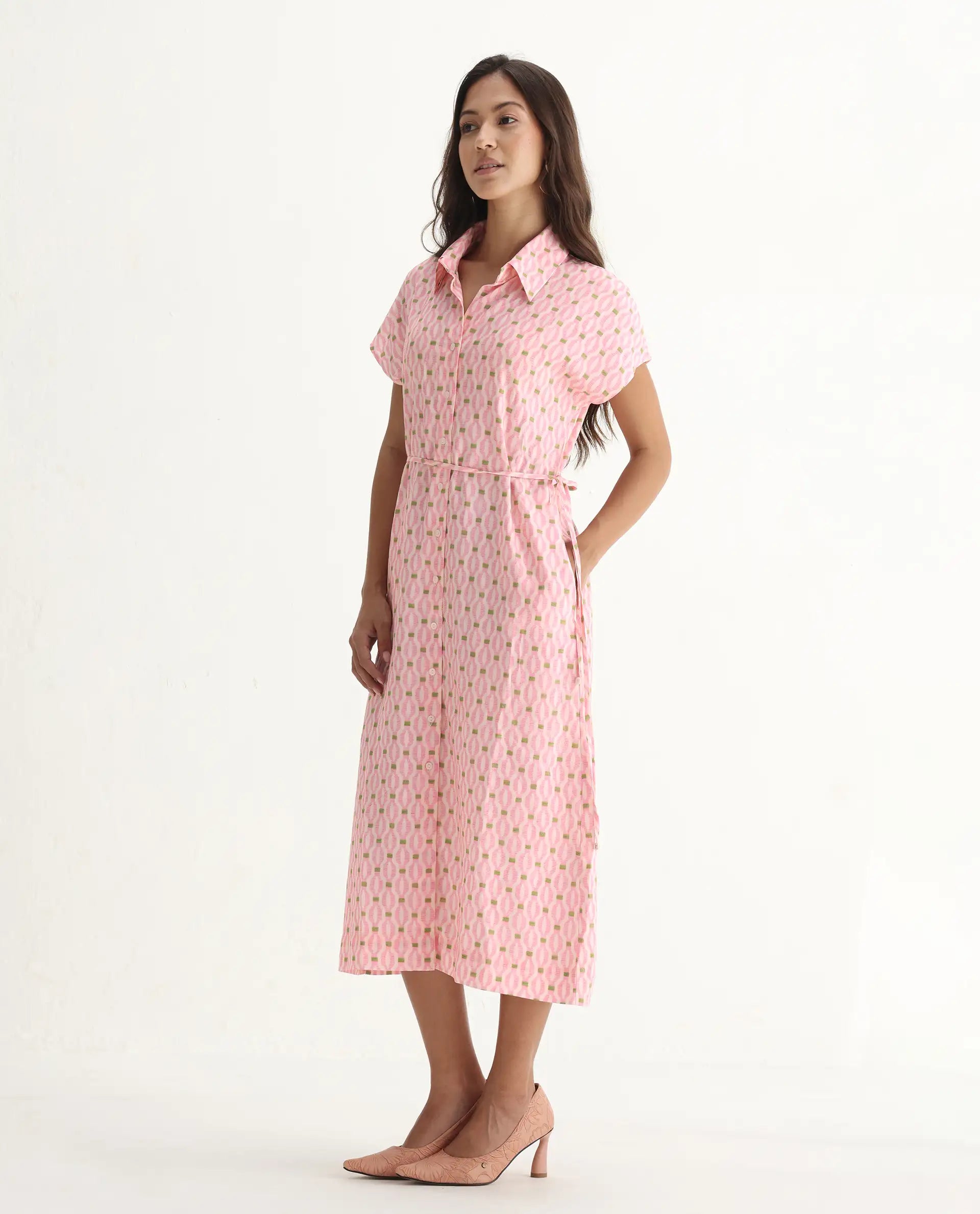 Rareism Women's Eleen Pink Cotton Collared Neck A-Line Printed Midi Dress