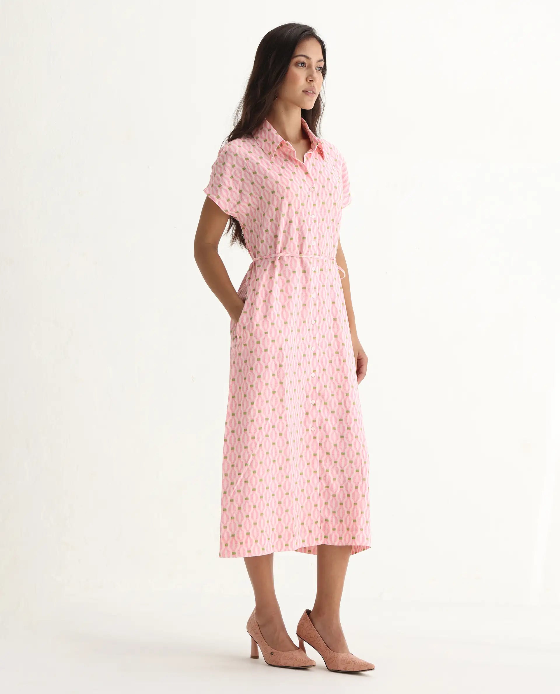 Rareism Women's Eleen Pink Cotton Collared Neck A-Line Printed Midi Dress