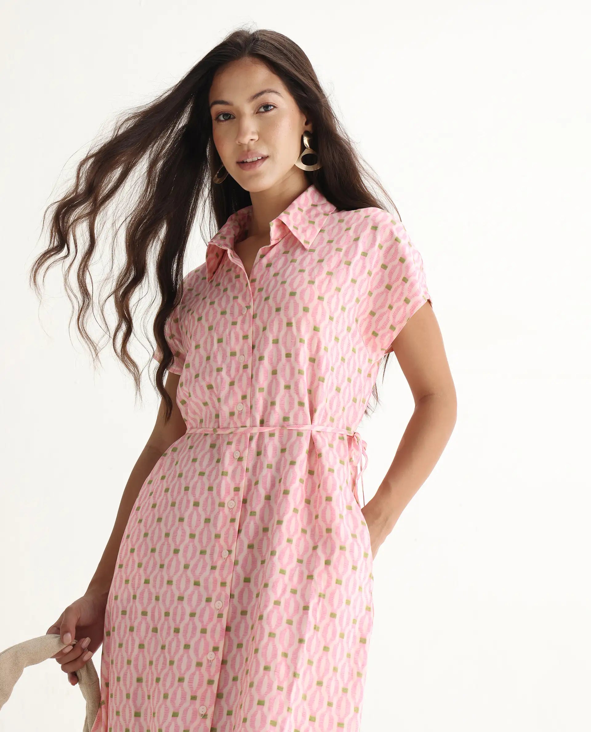 Rareism Women's Eleen Pink Cotton Collared Neck A-Line Printed Midi Dress