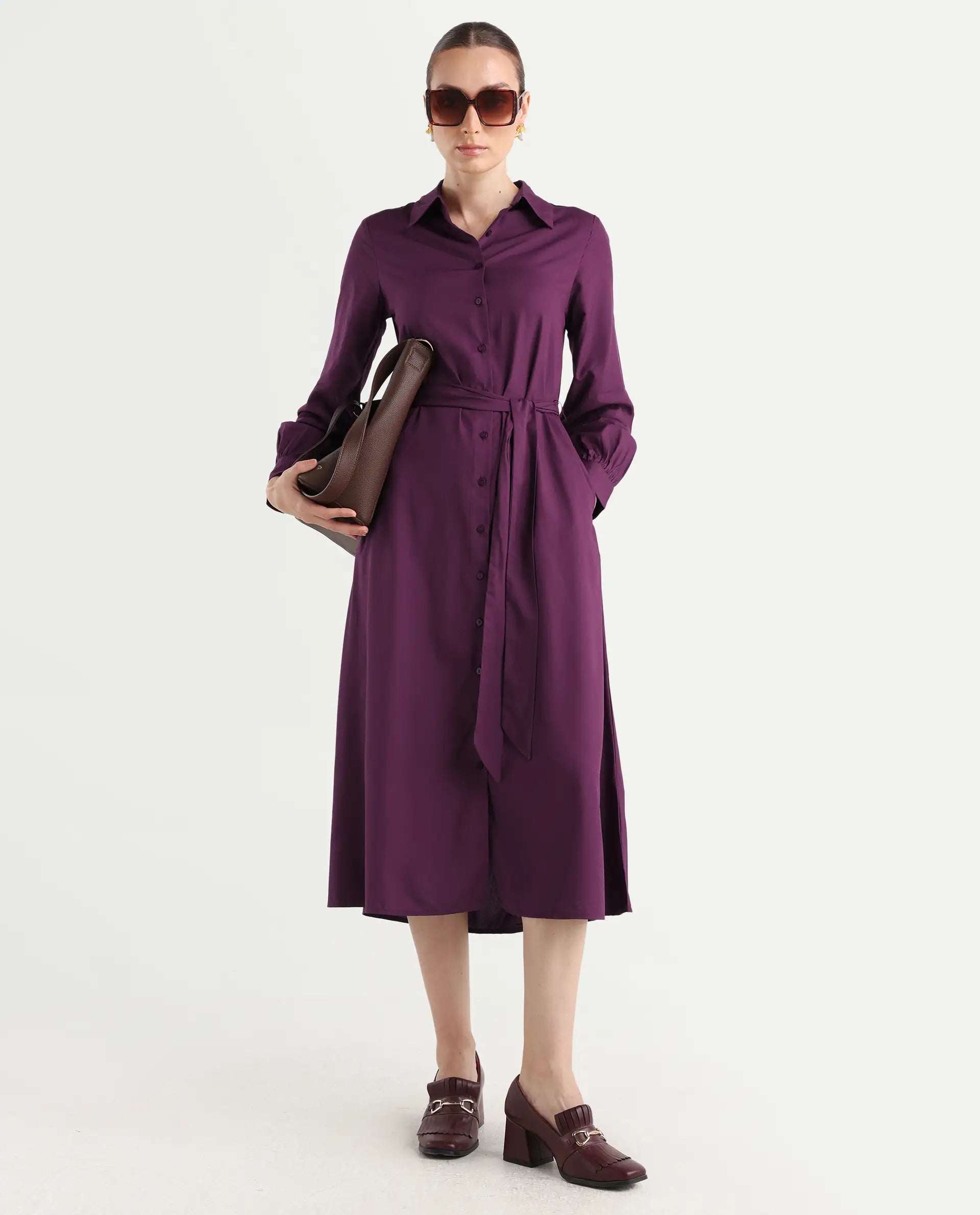 Rareism Women's Eleia Maroon Viscose Collared Neck A-Line Plain Midi Dress