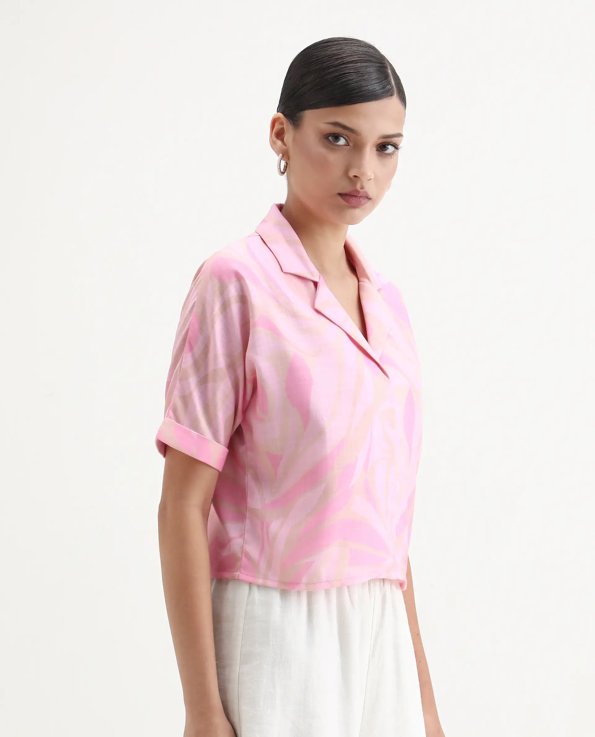 Rareism Women's Eleme-T Light Pink Polyester Extended Sleeves Lapel Neck Regular Fit Top