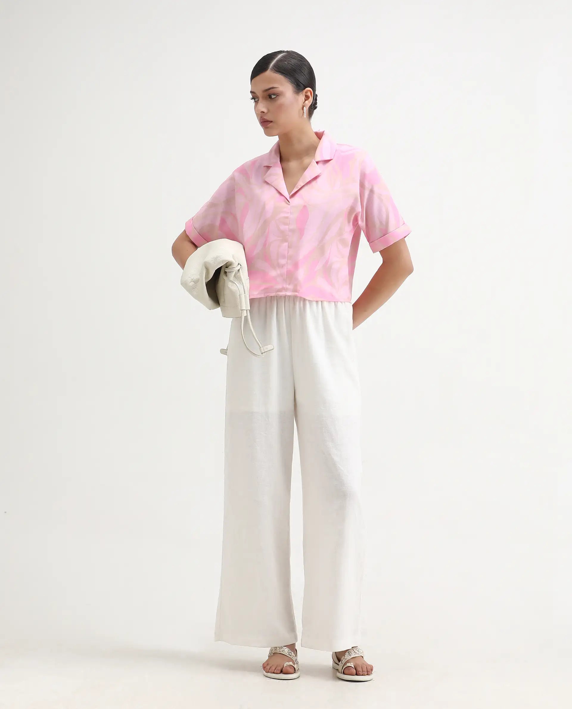 Rareism Women's Eleme-T Light Pink Polyester Extended Sleeves Lapel Neck Regular Fit Top