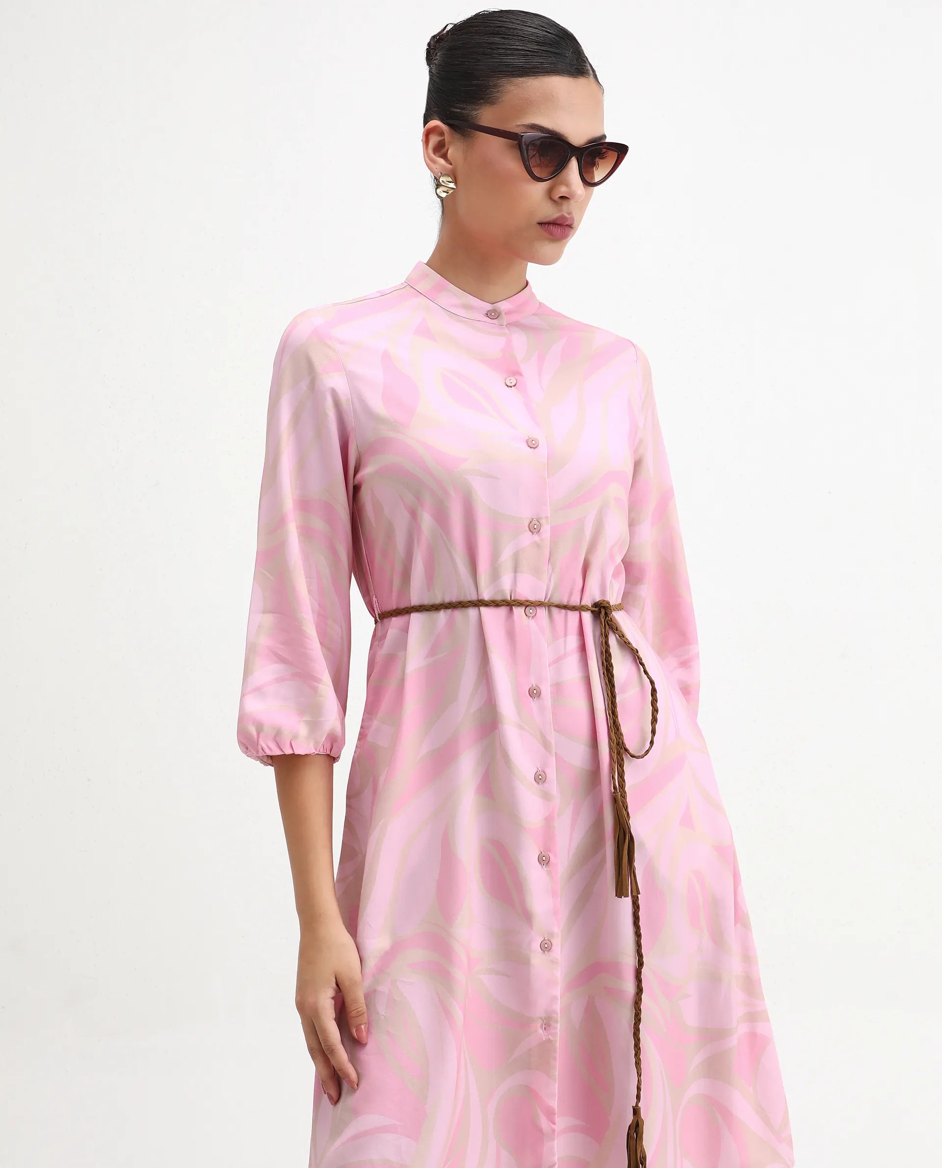 Rareism Women's Elena Light Pink Viscose Mandarin Collar A-Line Printed Dress