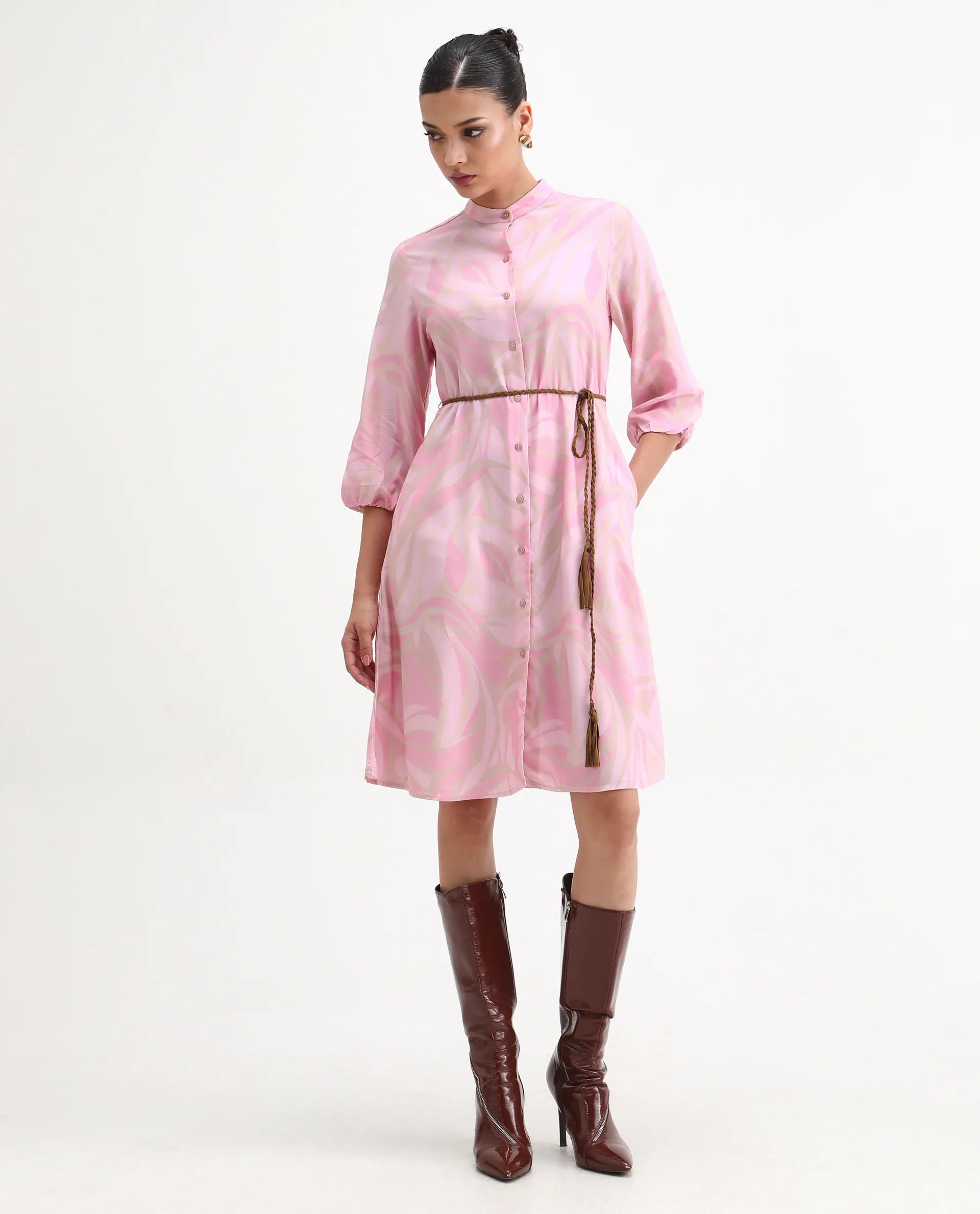 Rareism Women's Elena Light Pink Viscose Mandarin Collar A-Line Printed Dress