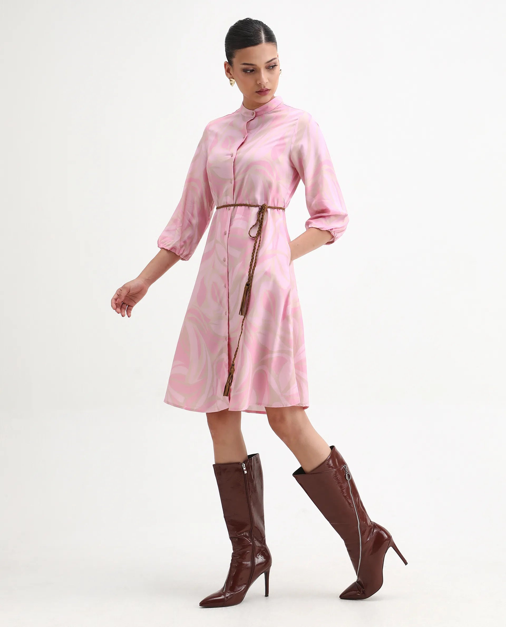 Rareism Women's Elena Light Pink Viscose Mandarin Collar A-Line Printed Dress