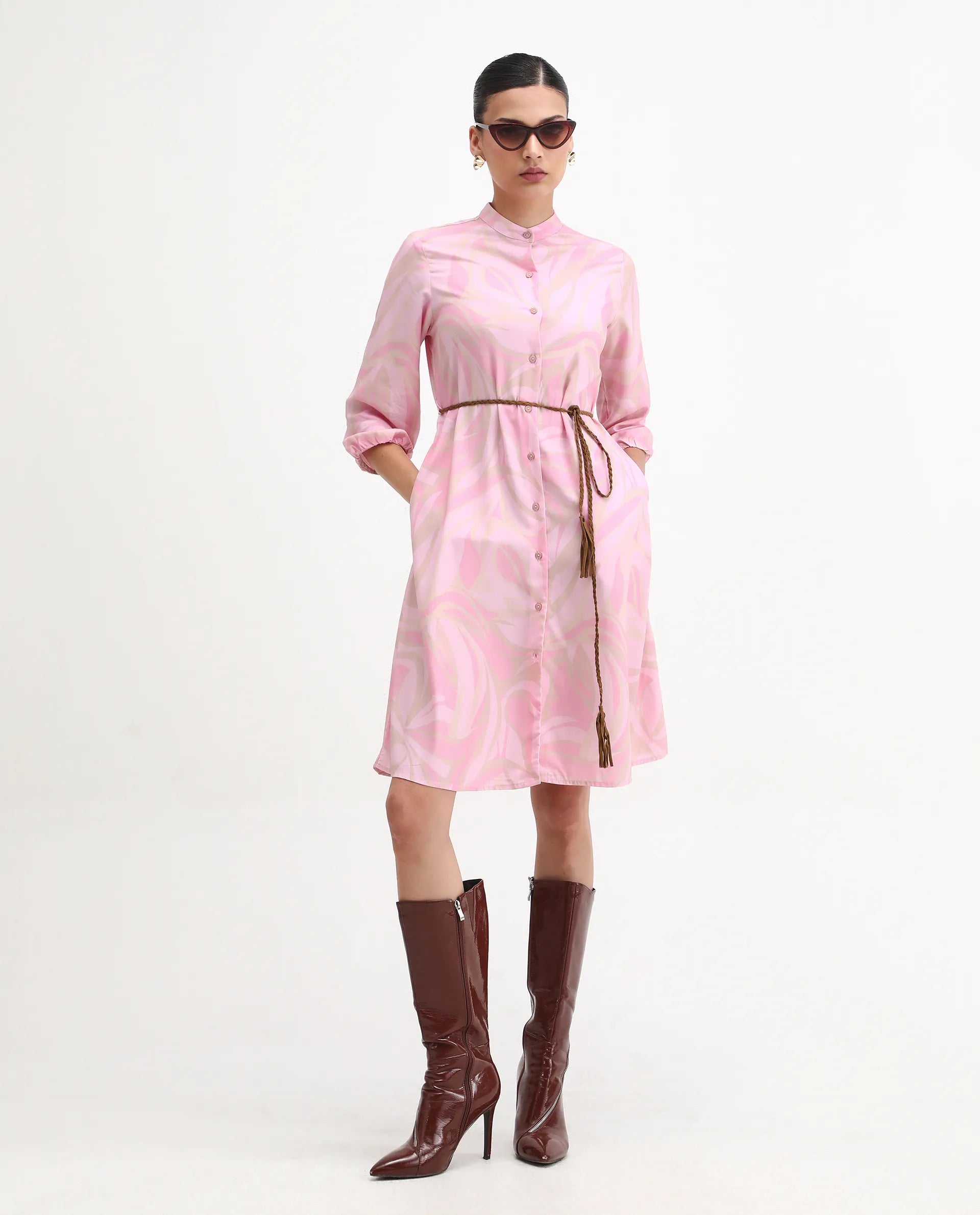 Rareism Women's Elena Light Pink Viscose Mandarin Collar A-Line Printed Dress