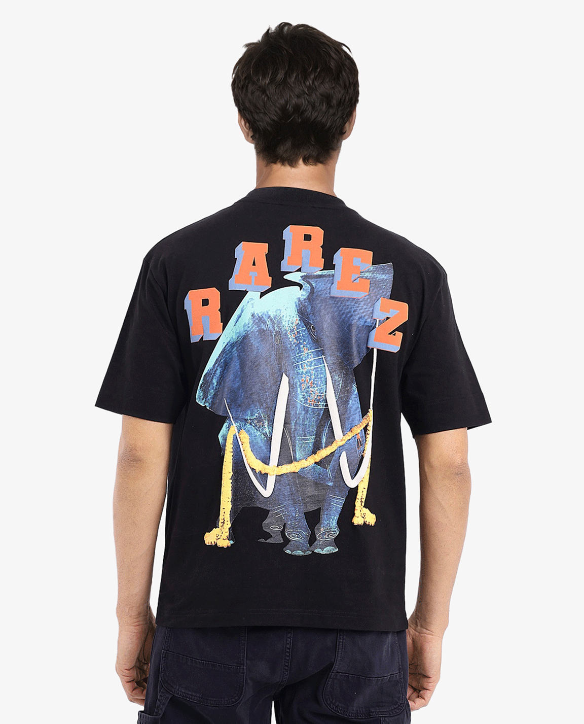 Rare Rabbit Men Elep Black Cotton Fabric Short Sleeve Crew Neck Oversized Fit Graphic Back Print T-Shirt