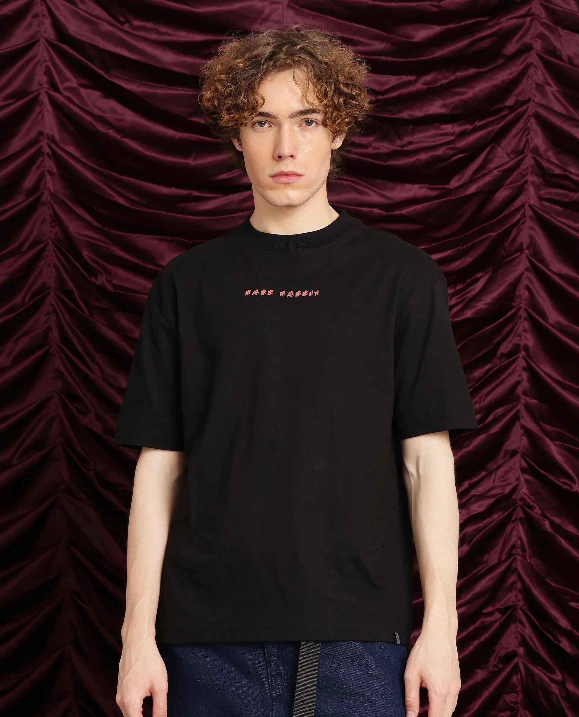 Rare Rabbit Men Elep Black Cotton Fabric Short Sleeve Crew Neck Oversized Fit Graphic Back Print T-Shirt