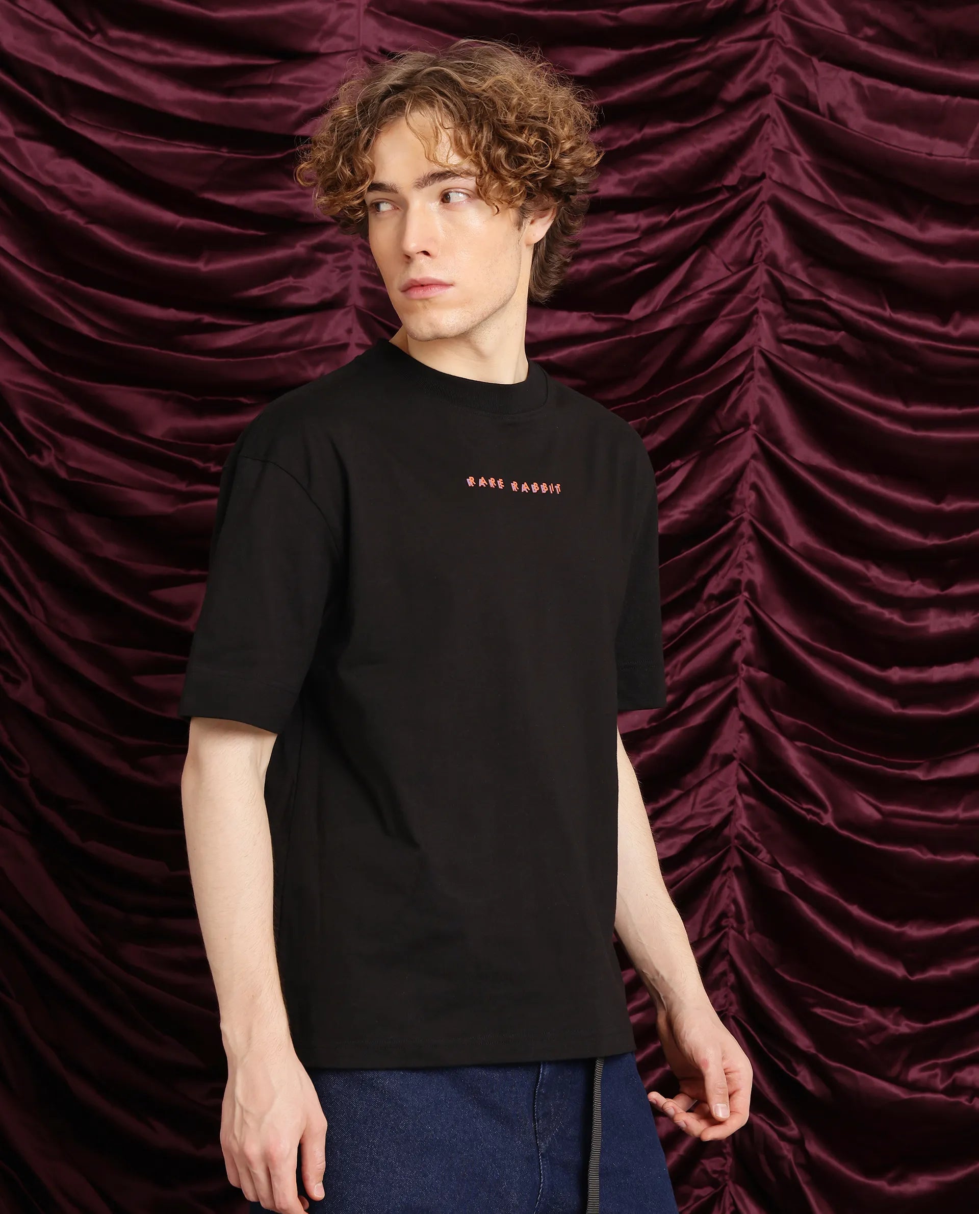 Rare Rabbit Men Elep Black Cotton Fabric Short Sleeve Crew Neck Oversized Fit Graphic Back Print T-Shirt