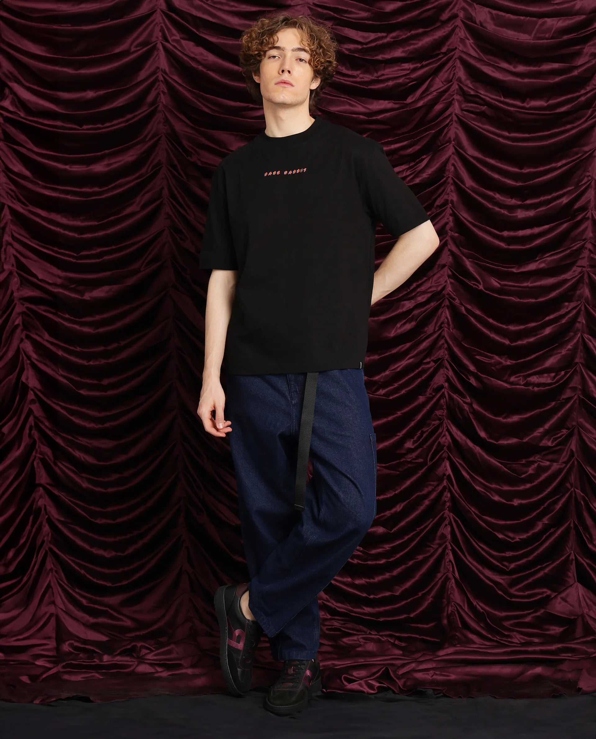 Rare Rabbit Men Elep Black Cotton Fabric Short Sleeve Crew Neck Oversized Fit Graphic Back Print T-Shirt