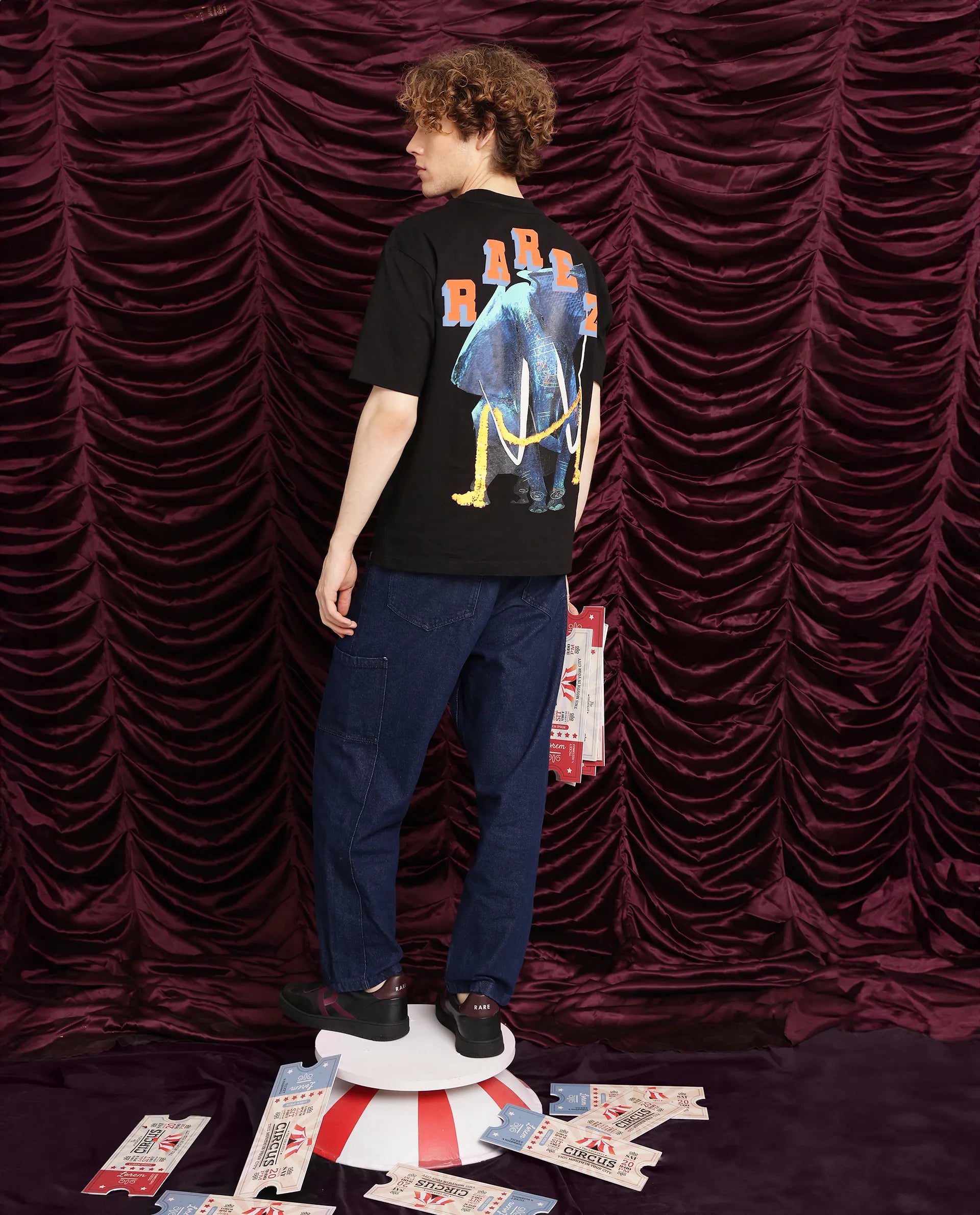 Rare Rabbit Men Elep Black Cotton Fabric Short Sleeve Crew Neck Oversized Fit Graphic Back Print T-Shirt