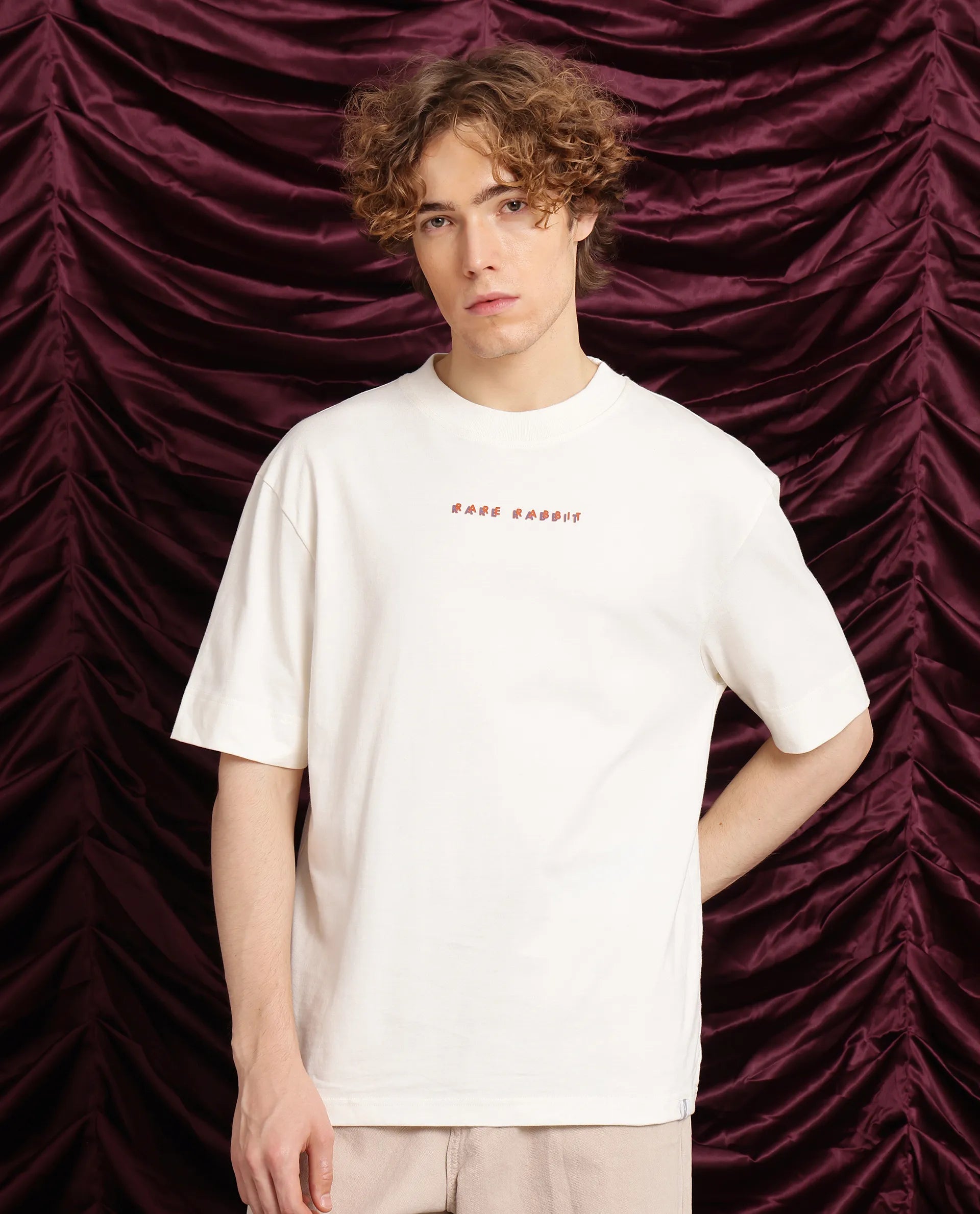 Rare Rabbit Men Elep Off White Cotton Fabric Short Sleeve Crew Neck Oversized Fit Graphic Back Print T-Shirt