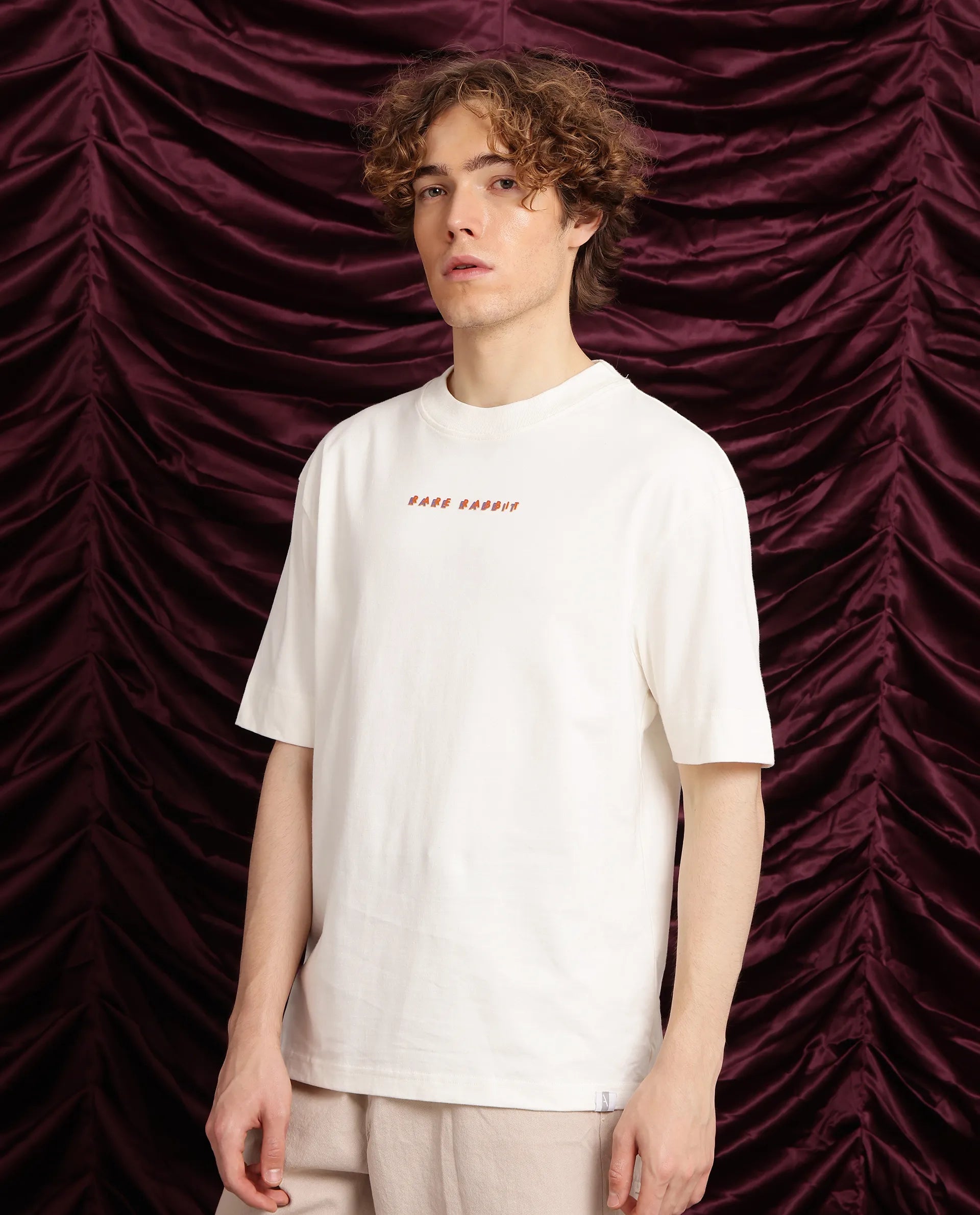 Rare Rabbit Men Elep Off White Cotton Fabric Short Sleeve Crew Neck Oversized Fit Graphic Back Print T-Shirt