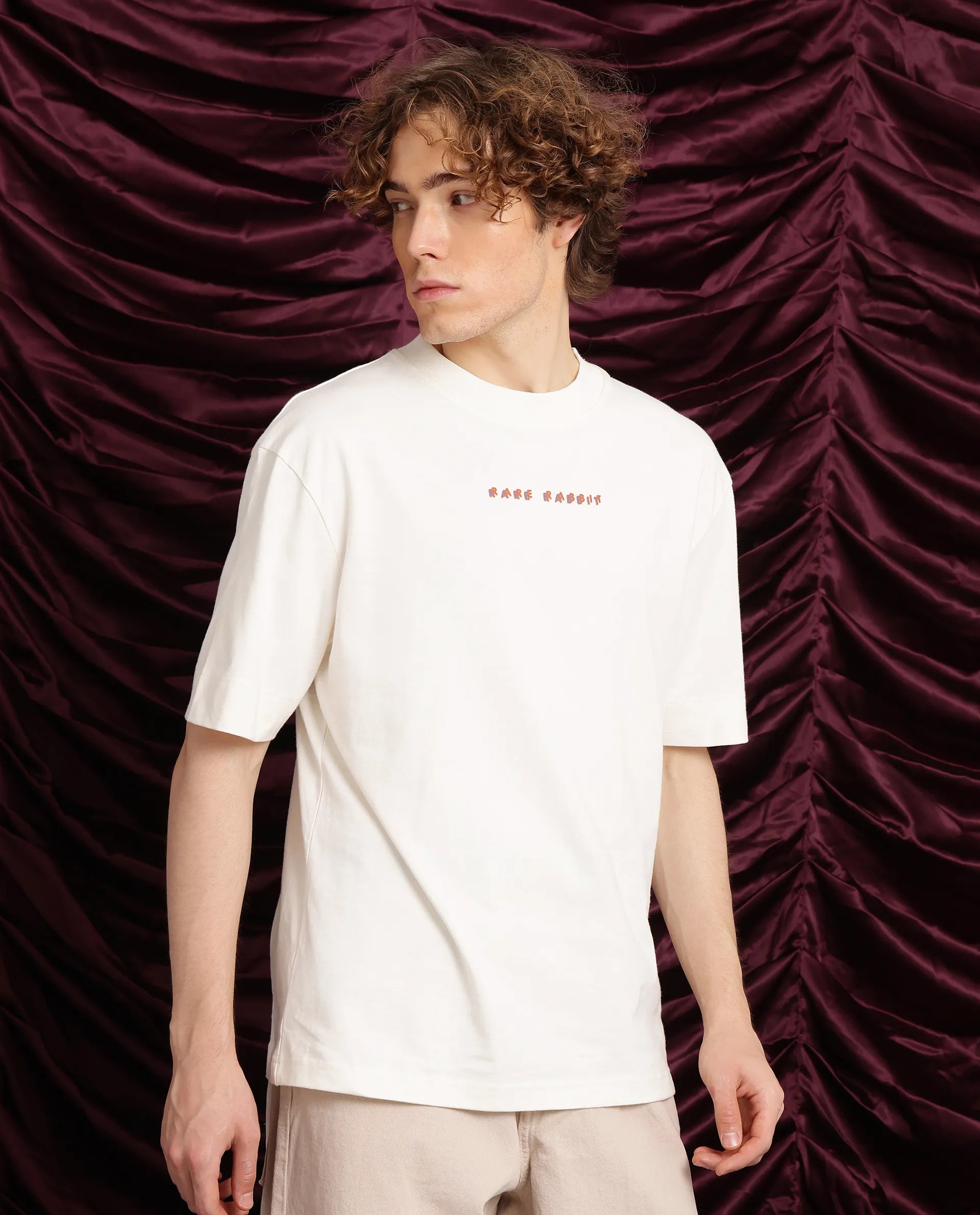 Rare Rabbit Men Elep Off White Cotton Fabric Short Sleeve Crew Neck Oversized Fit Graphic Back Print T-Shirt