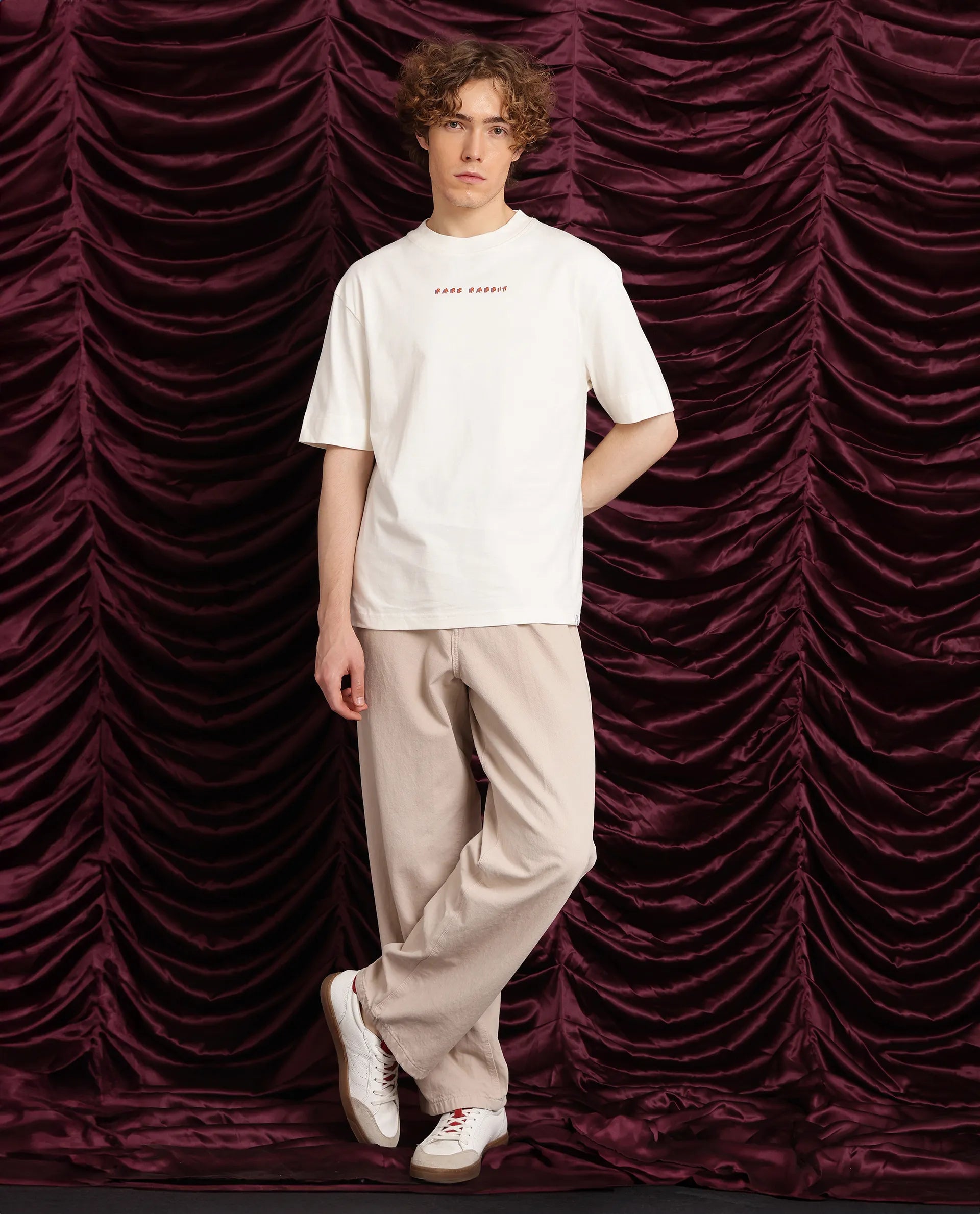 Rare Rabbit Men Elep Off White Cotton Fabric Short Sleeve Crew Neck Oversized Fit Graphic Back Print T-Shirt