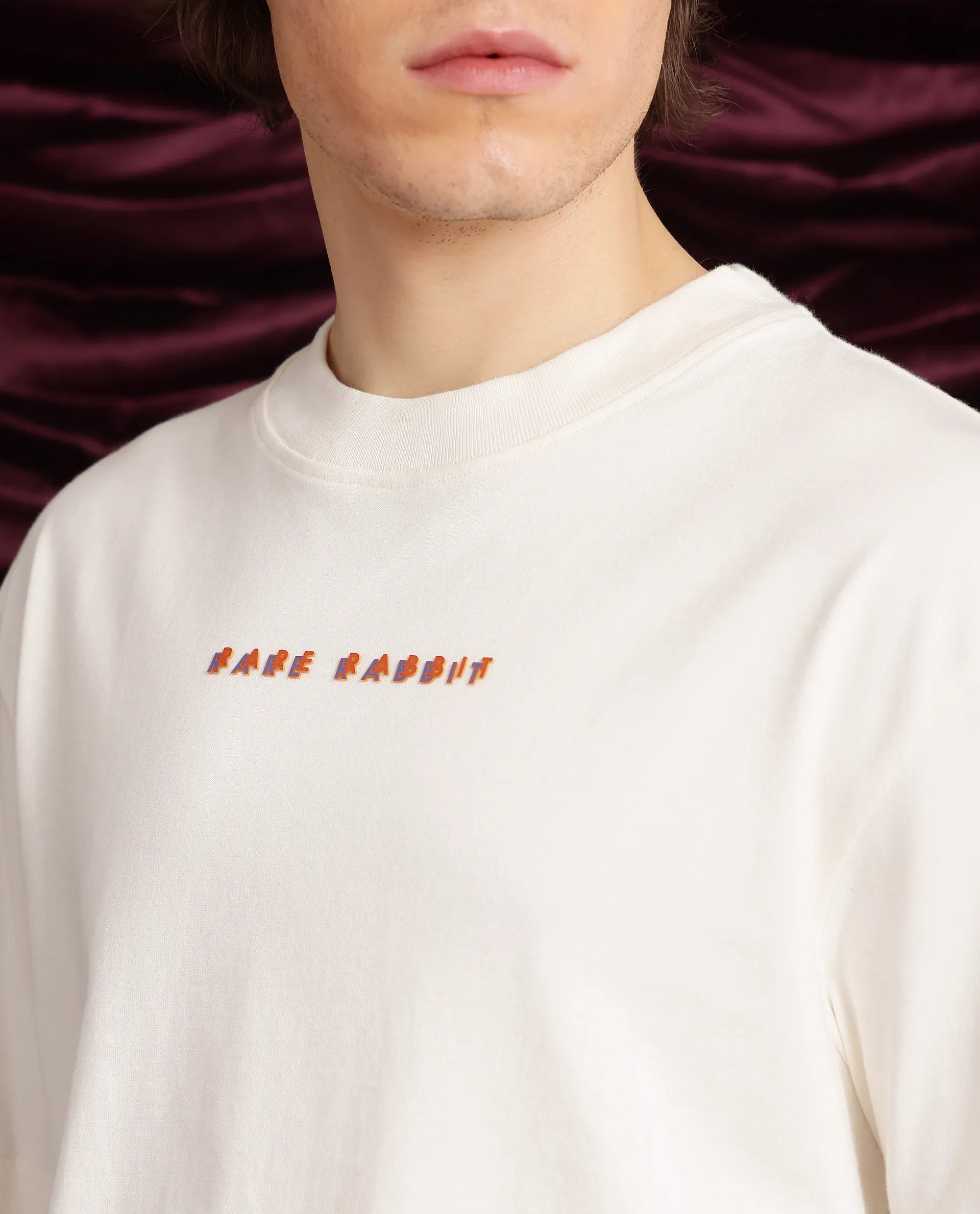 Rare Rabbit Men Elep Off White Cotton Fabric Short Sleeve Crew Neck Oversized Fit Graphic Back Print T-Shirt