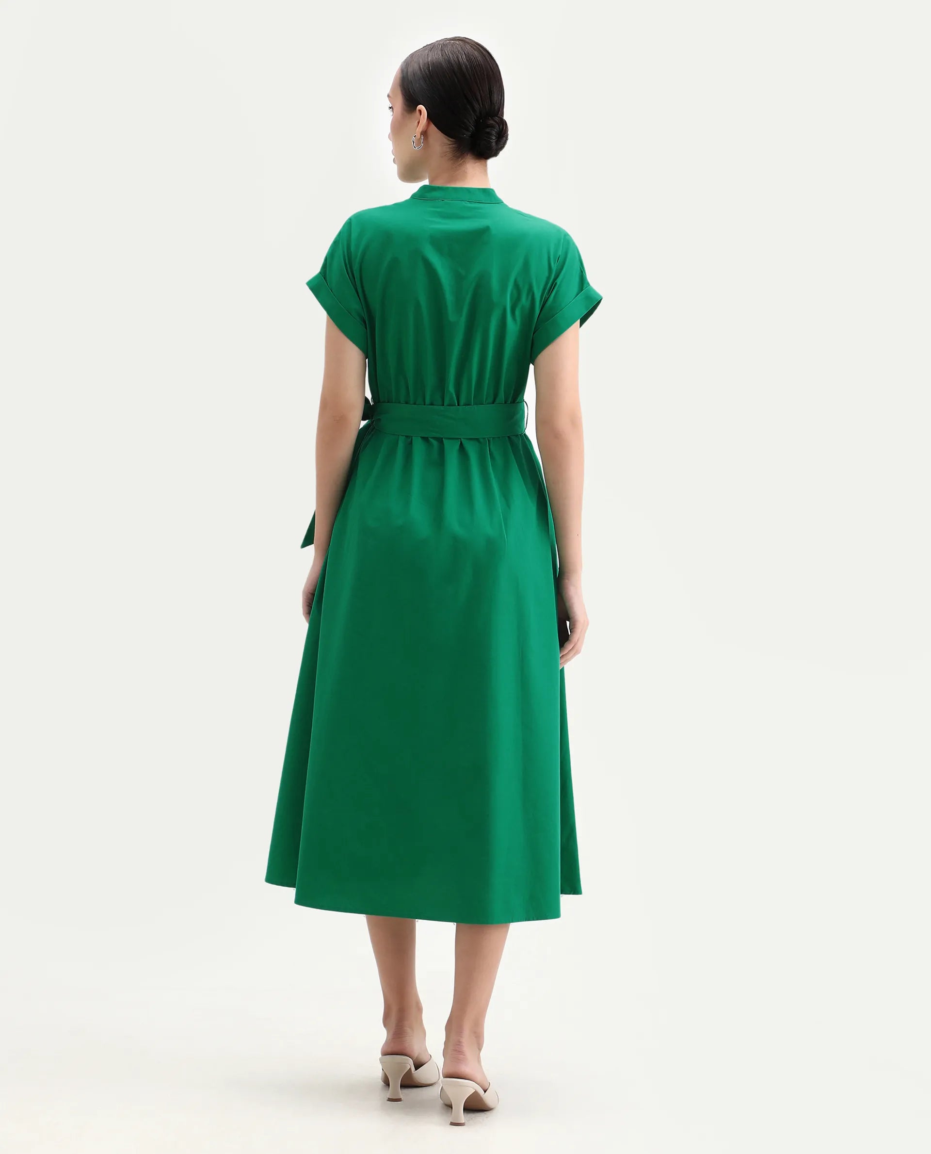 Rareism Women's Eleri Green Polyester Extended Sleeves Mandarin Collar A-Line Fit Plain Midi Dress