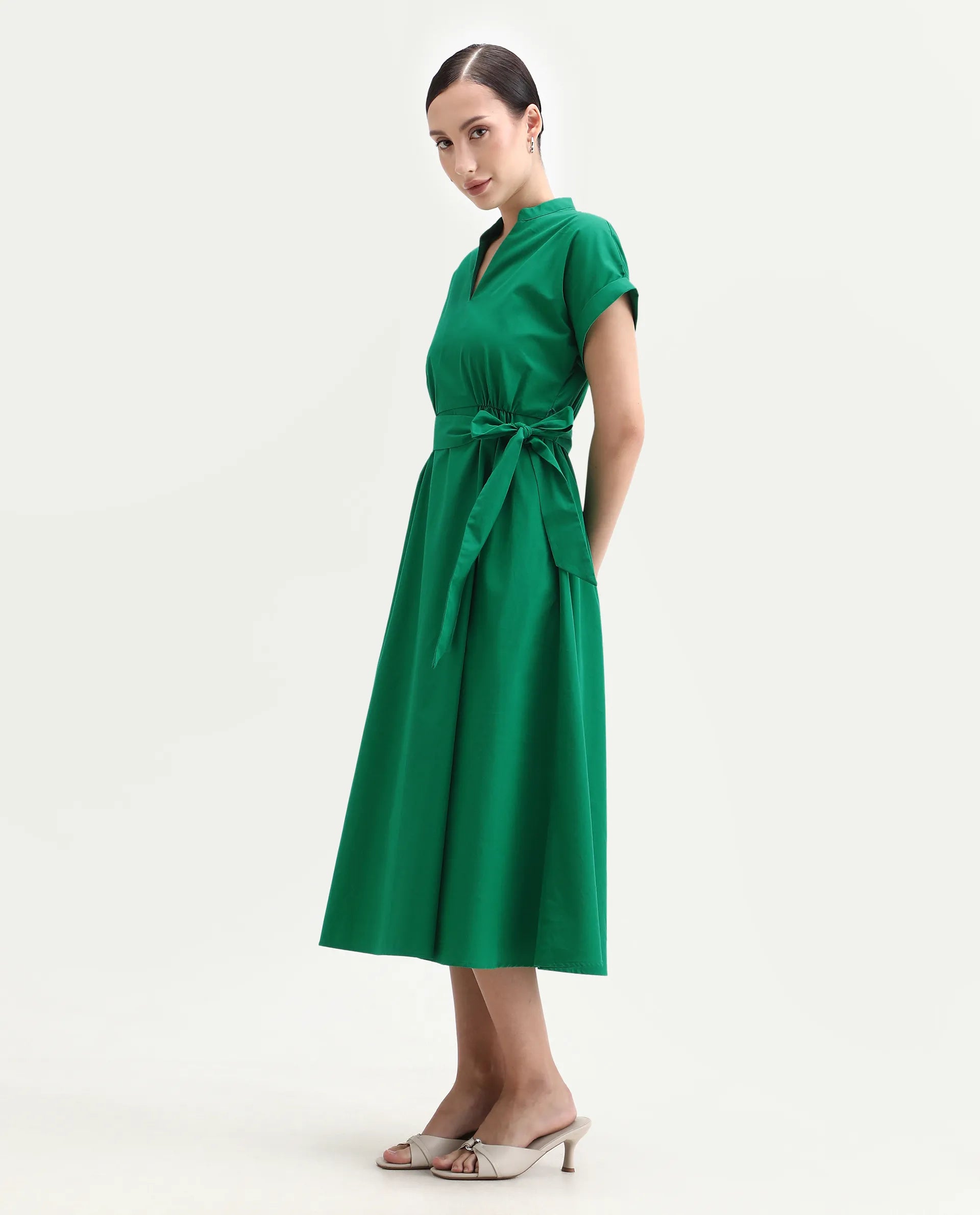 Rareism Women's Eleri Green Polyester Extended Sleeves Mandarin Collar A-Line Fit Plain Midi Dress