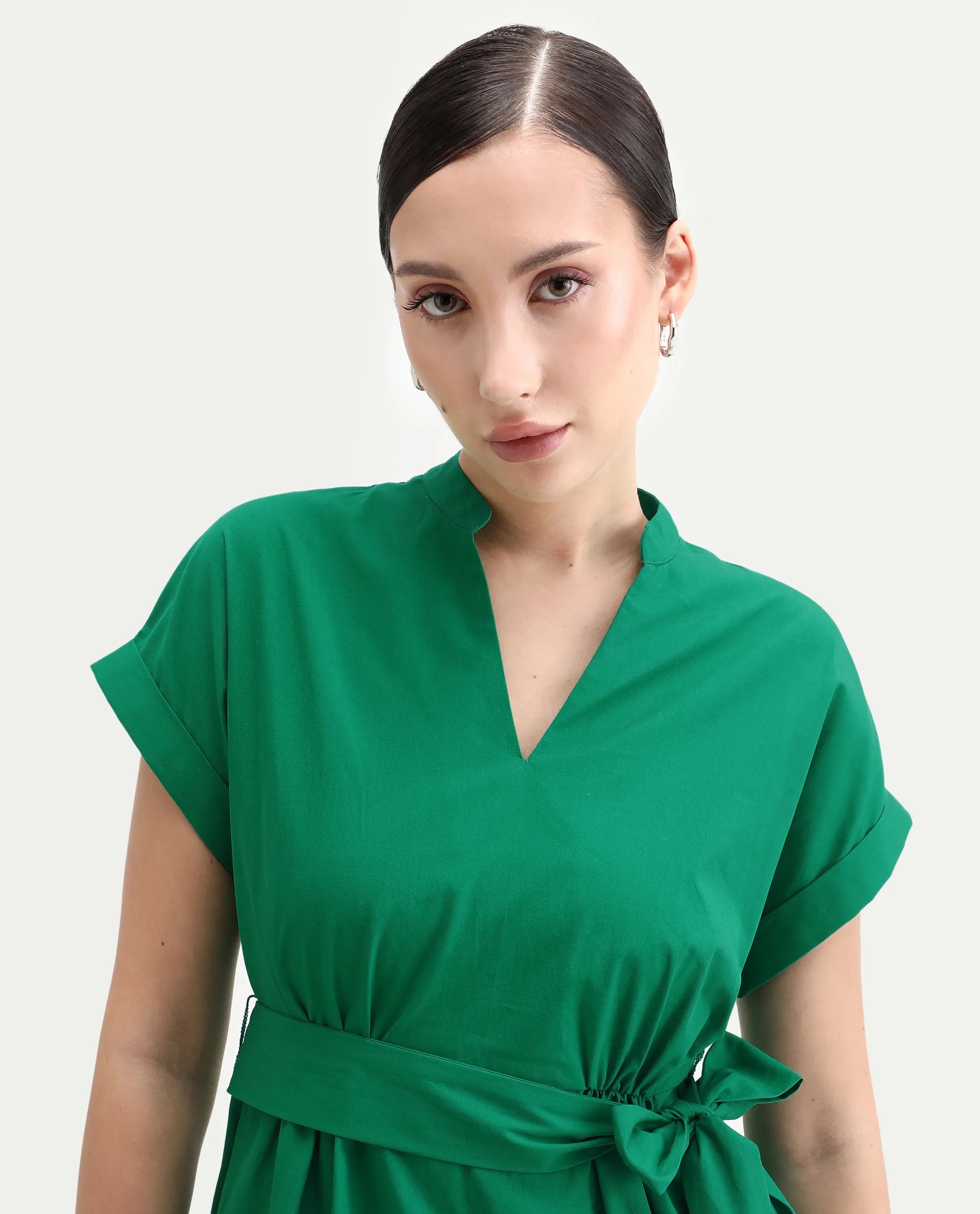 Rareism Women's Eleri Green Polyester Extended Sleeves Mandarin Collar A-Line Fit Plain Midi Dress