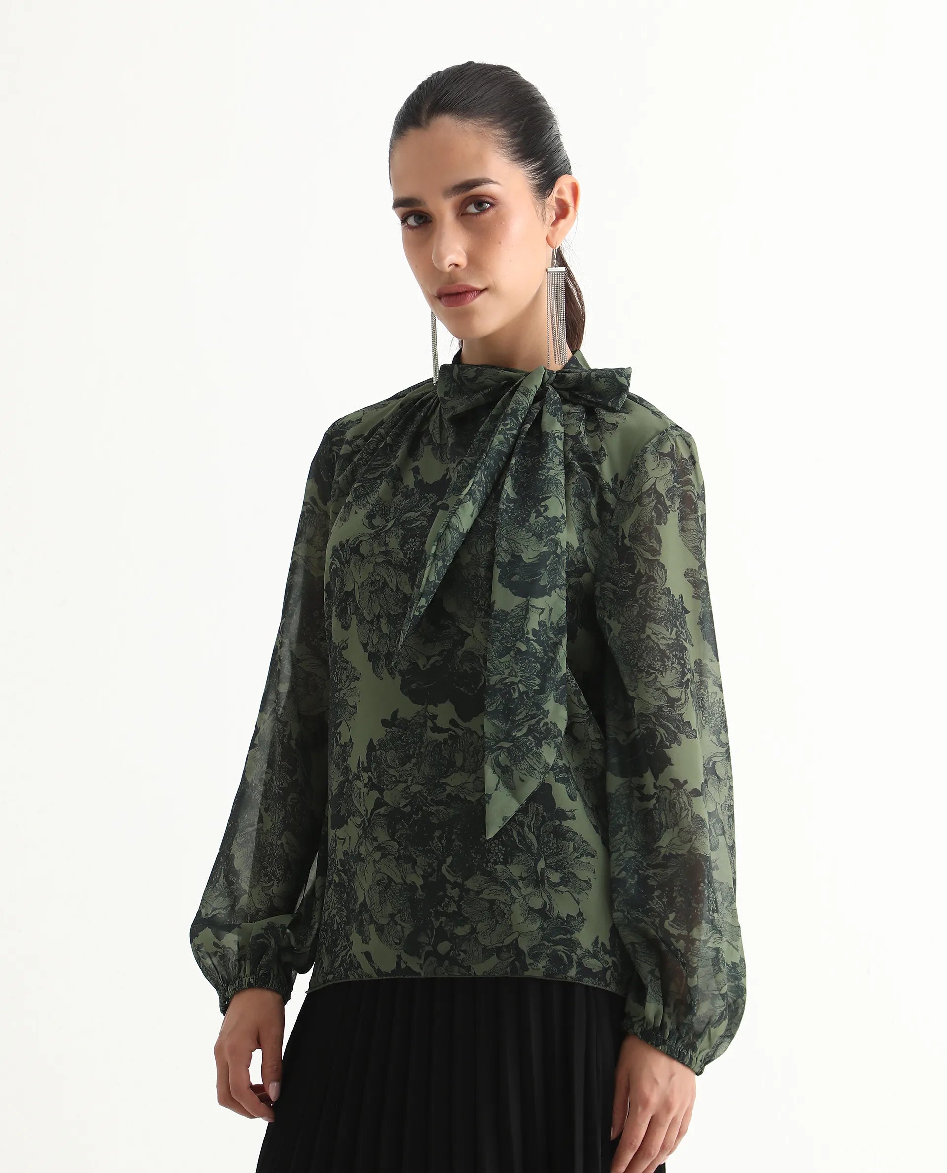 Rareism Women's Eleth Dark Green Polyester Bishop Sleeve Tie-Up Neck Regular Fit Top