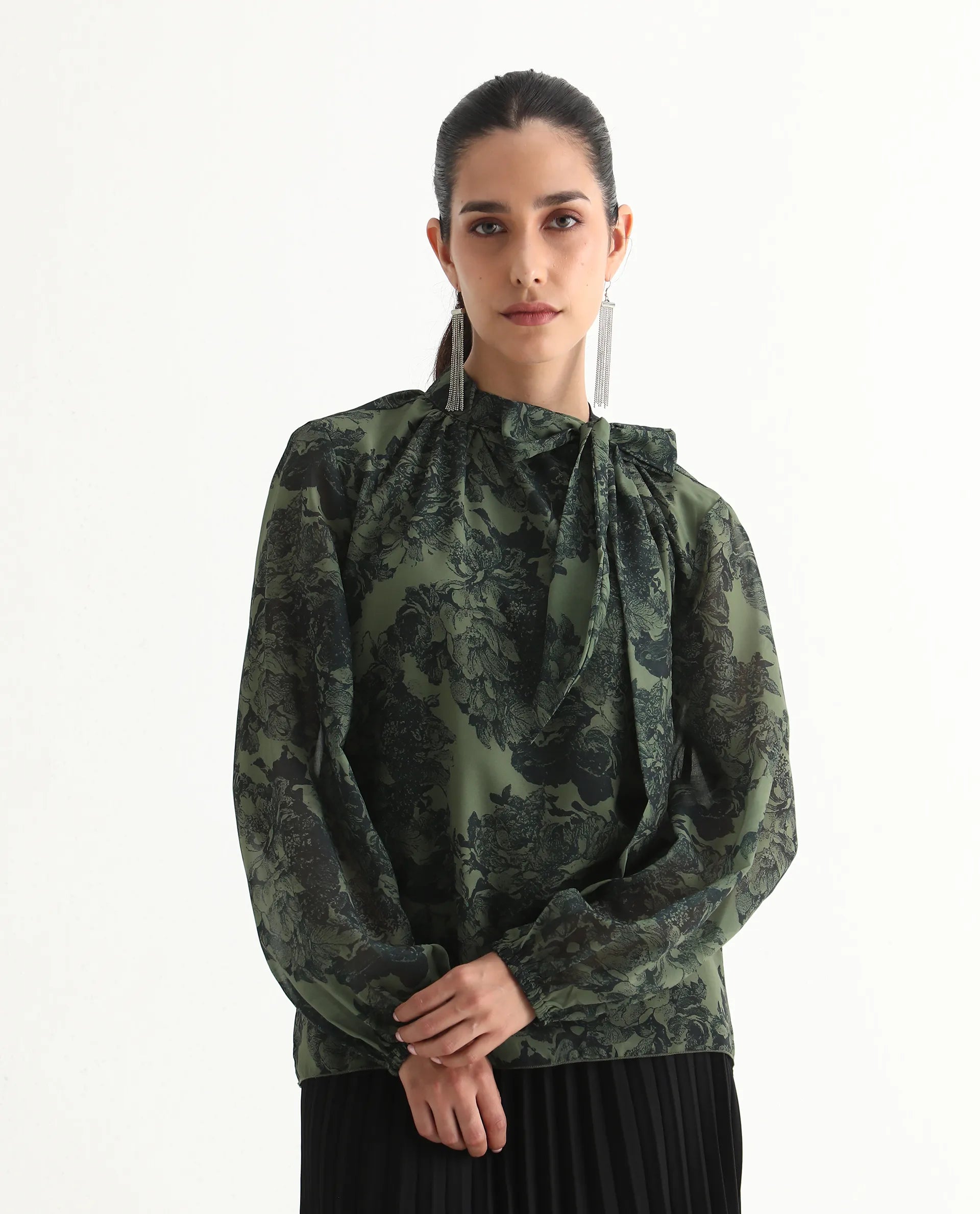 Rareism Women's Eleth Dark Green Polyester Bishop Sleeve Tie-Up Neck Regular Fit Top