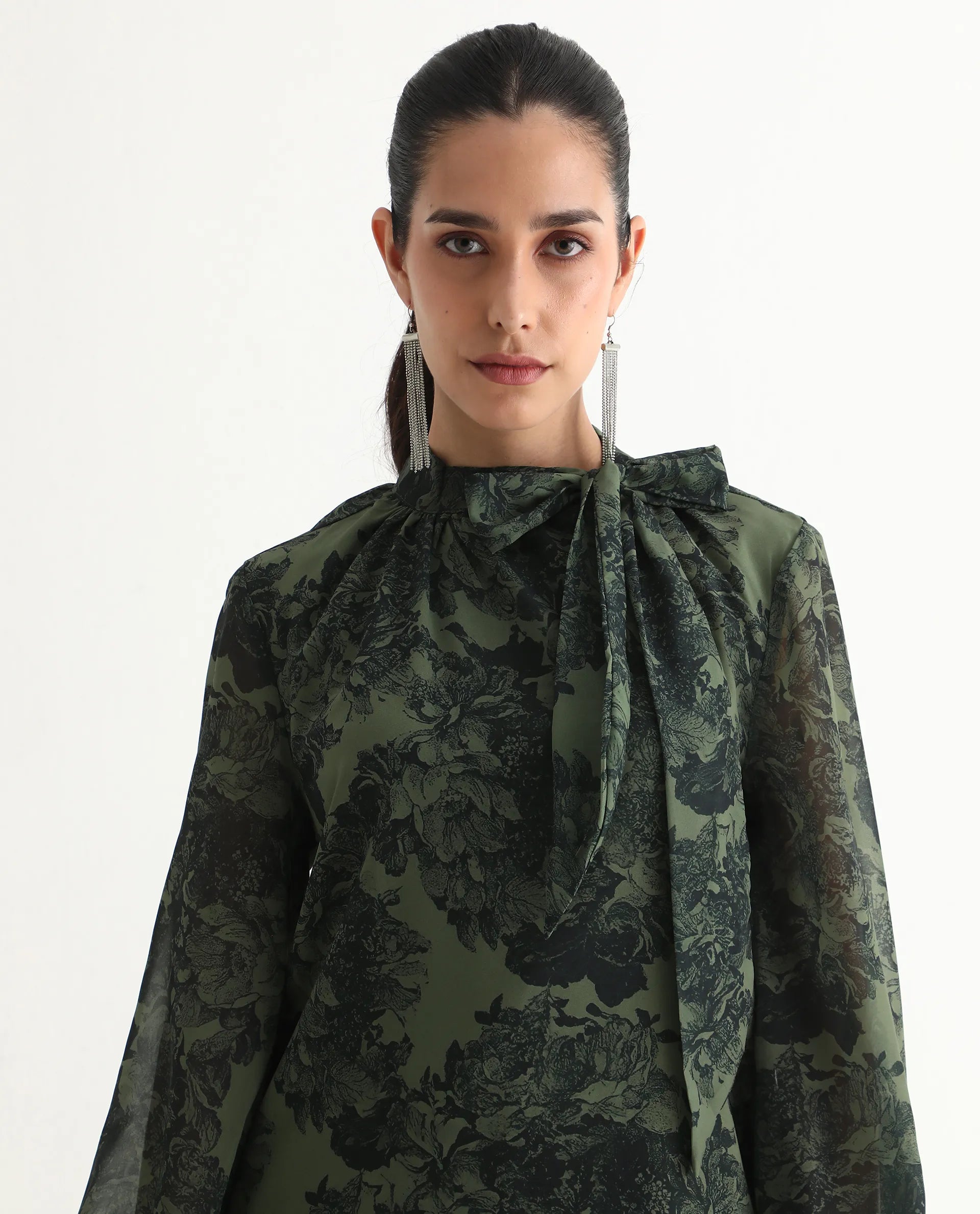 Rareism Women's Eleth Dark Green Polyester Bishop Sleeve Tie-Up Neck Regular Fit Top