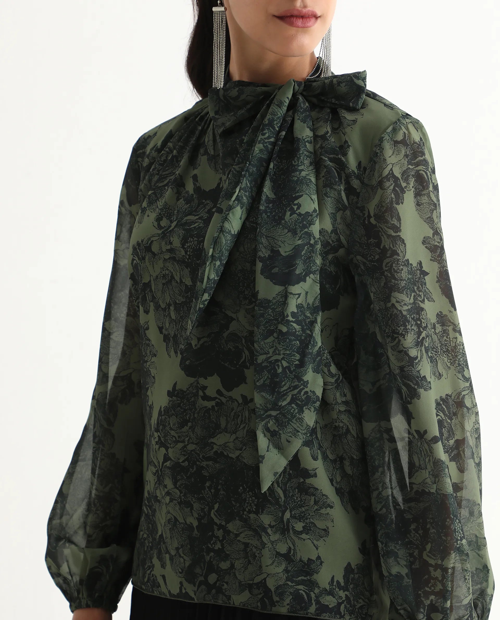 Rareism Women's Eleth Dark Green Polyester Bishop Sleeve Tie-Up Neck Regular Fit Top