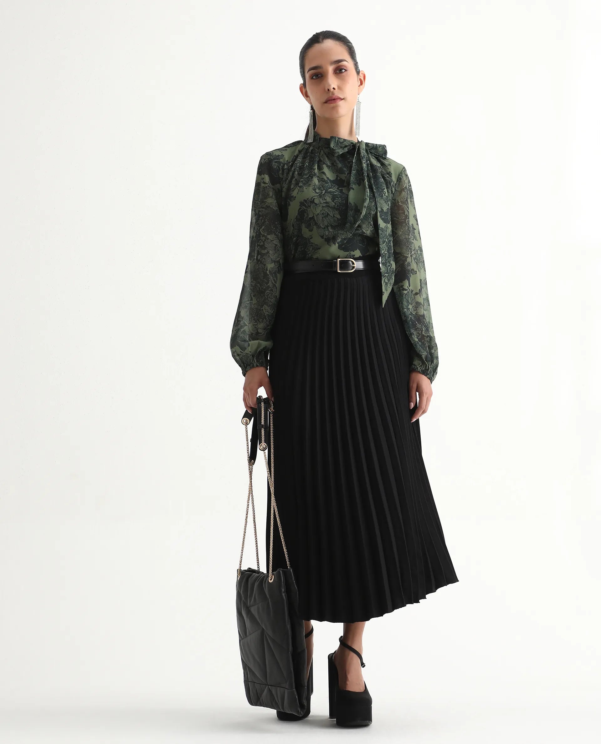 Rareism Women's Eleth Dark Green Polyester Bishop Sleeve Tie-Up Neck Regular Fit Top