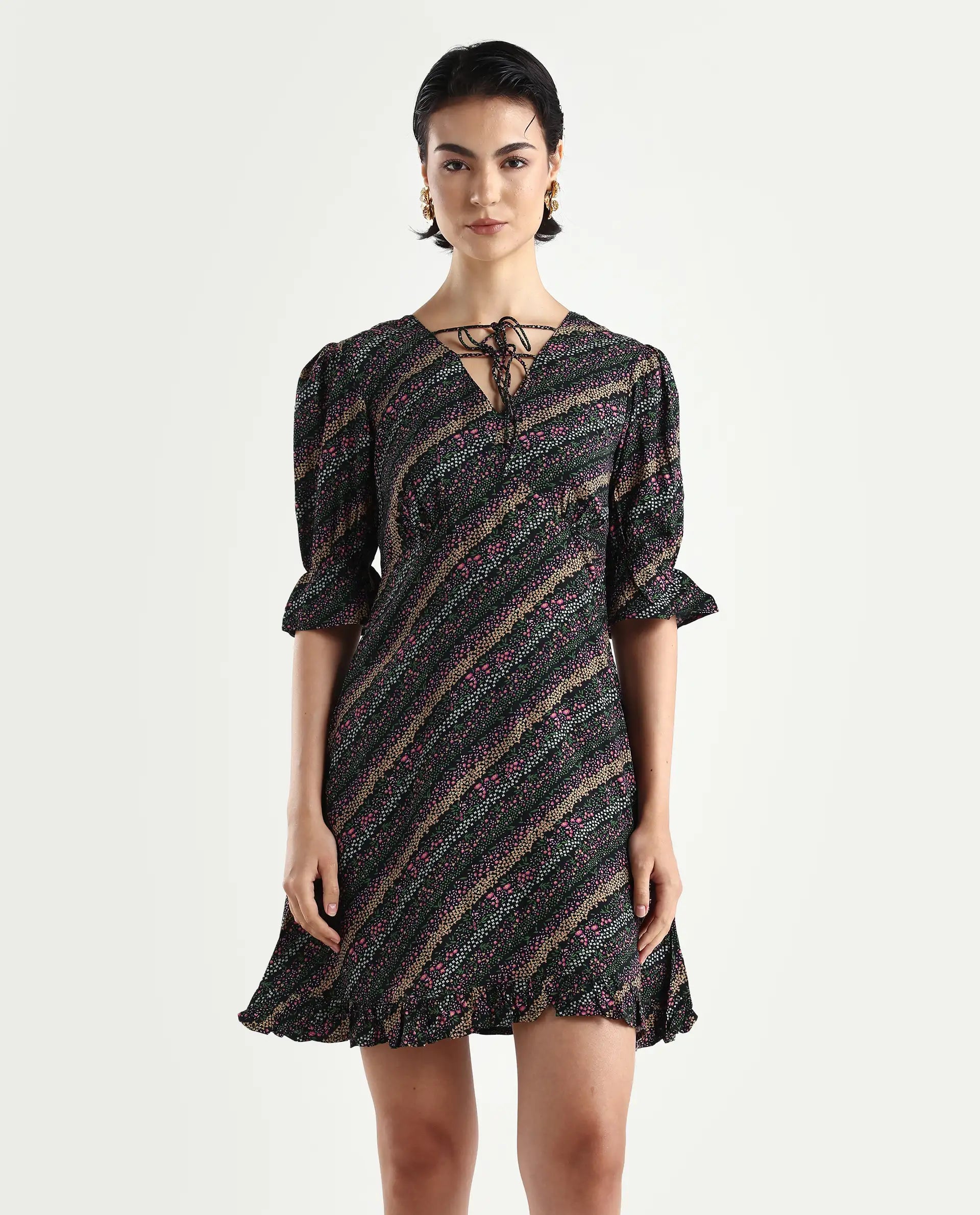 Rareism Women's Elevate Black Viscose V-Neck Floral Print Knee Length Regular Fit Dress