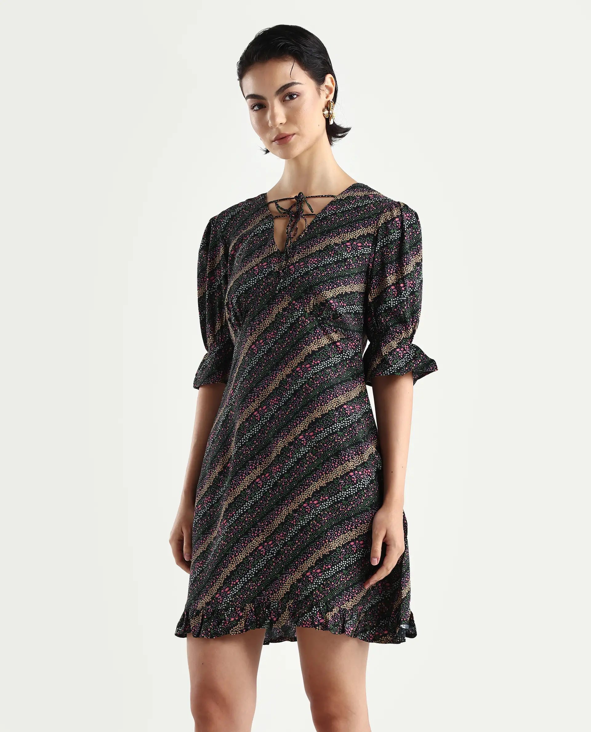 Rareism Women's Elevate Black Viscose V-Neck Floral Print Knee Length Regular Fit Dress