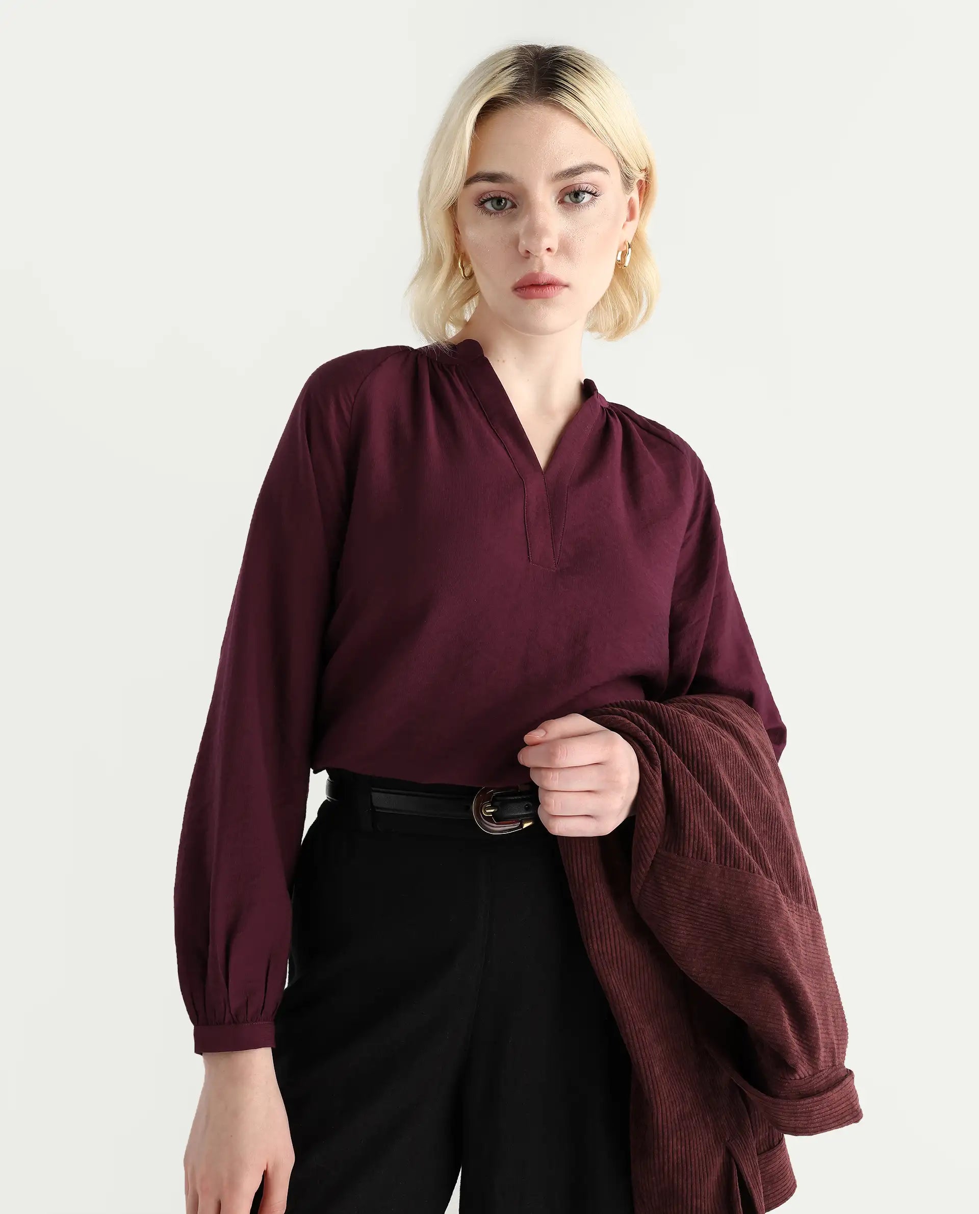 Rareism Women's Elexa Maroon 100% Polyester Raglan Sleeves Mandarin Collar Regular Fit Plain Top