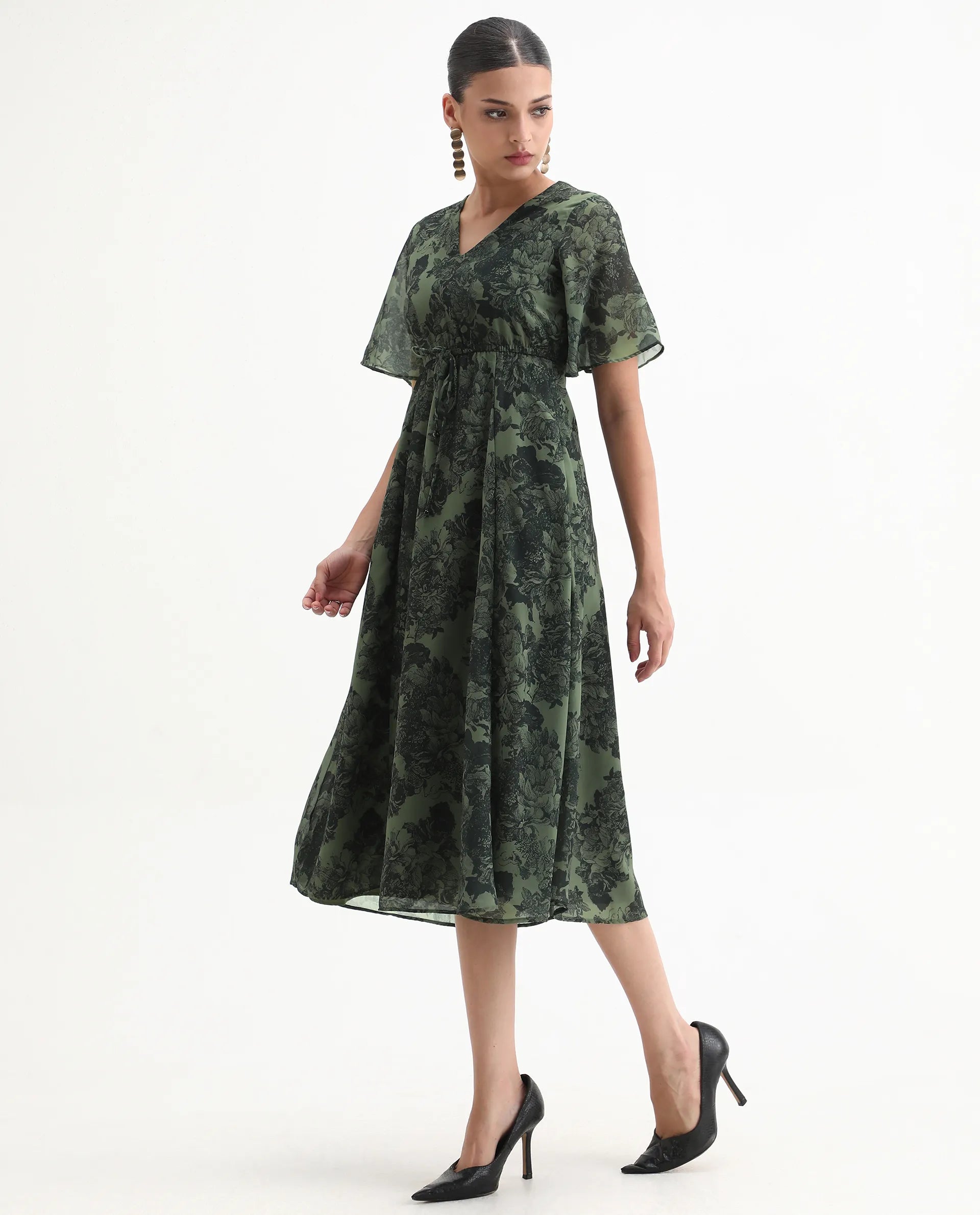 Rareism Women's Elgon Dark Green Polyester V-Neck Flared Floral Print Midi Dress