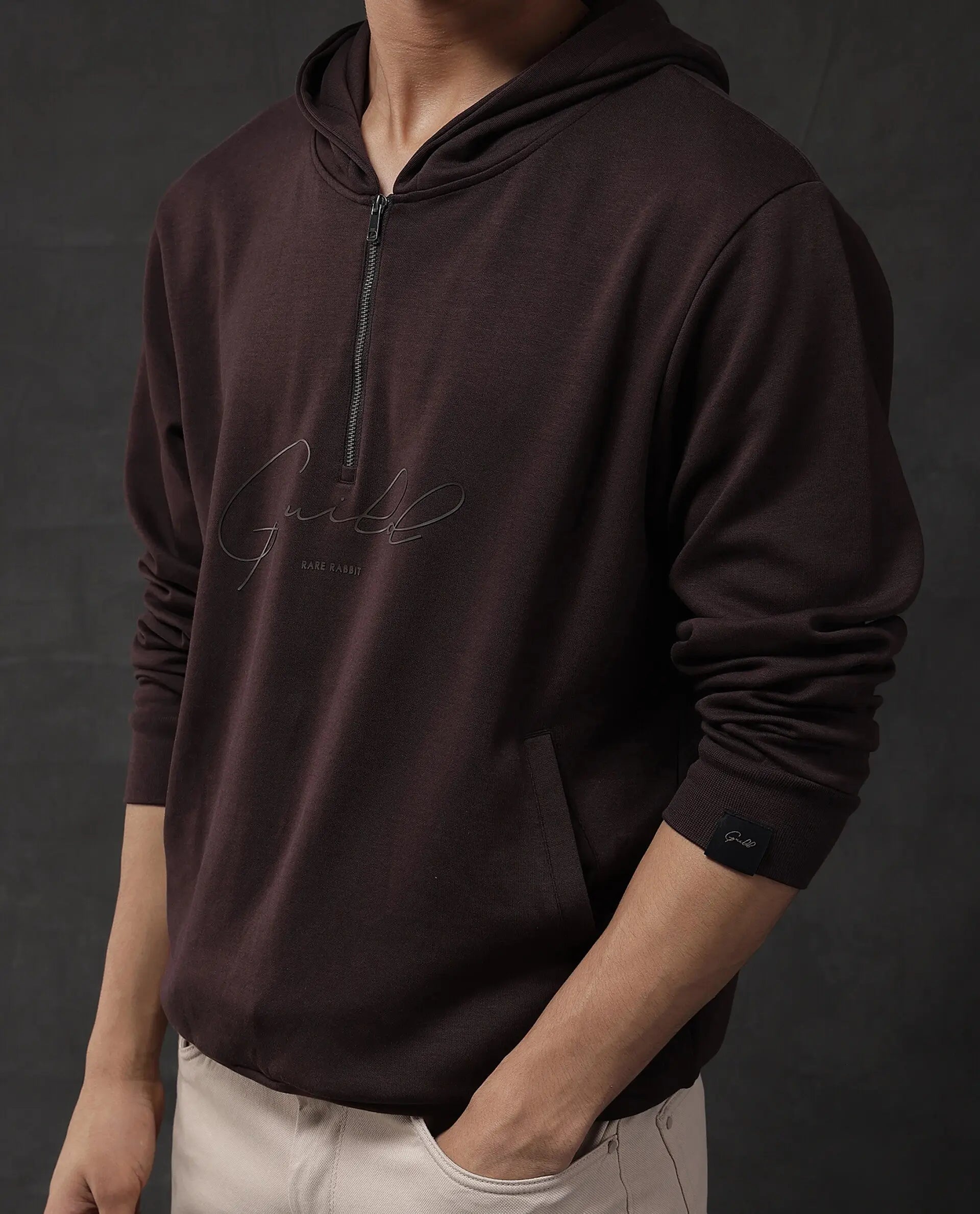 Rare Rabbit Men Eli-2 Maroon Full Sleeve Hooded Zipper Closure Signature Print Sweatshirt